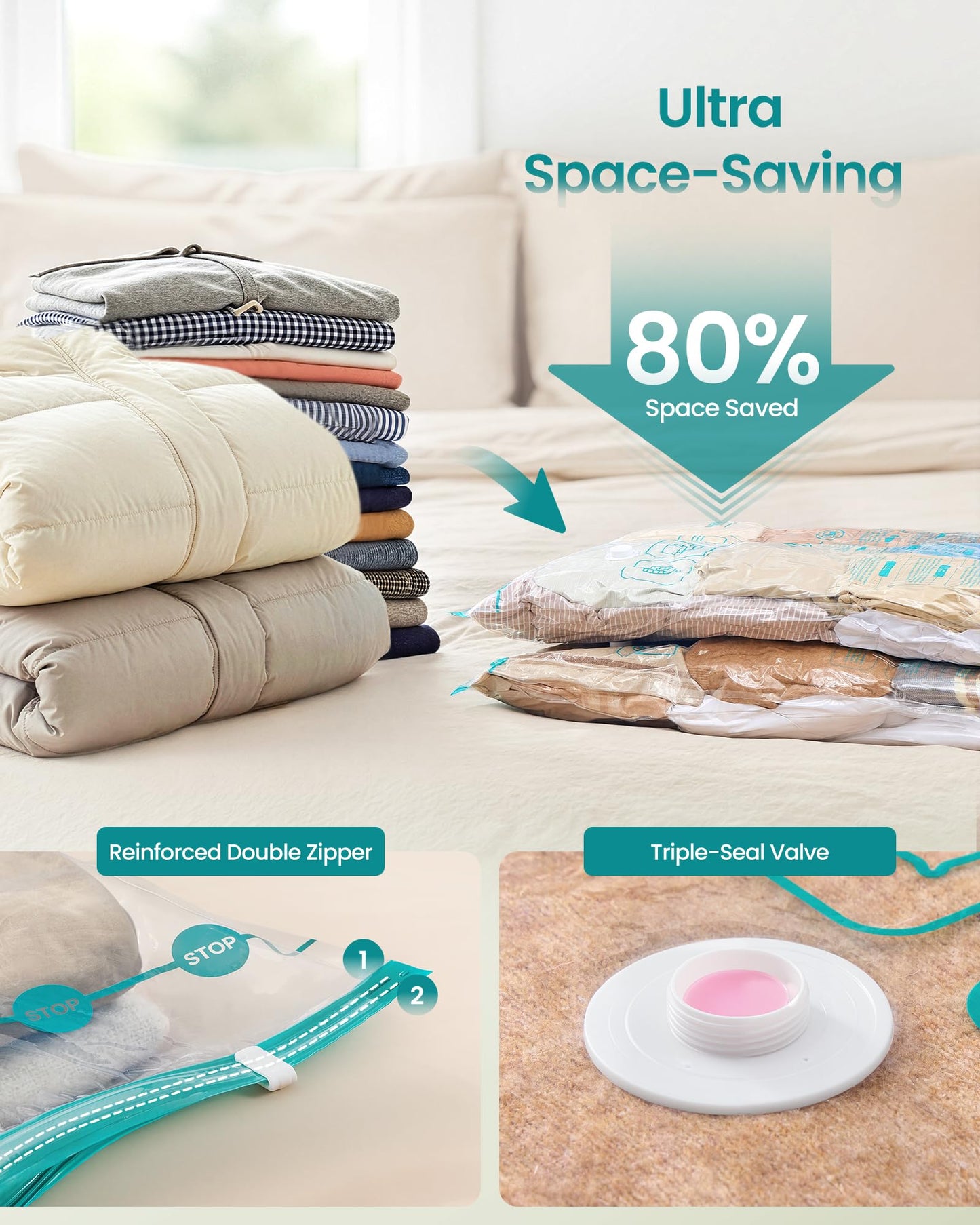 SONGMICS Vacuum Storage Bags, Rechargeable Portable Electric Pump, Space Saver Vacuum Seal Suction Bags for Clothing Travel Bedding Comforters, Reusable, 15 Pack, 3S/4M/4L/4J, Transparent ULVB203W101