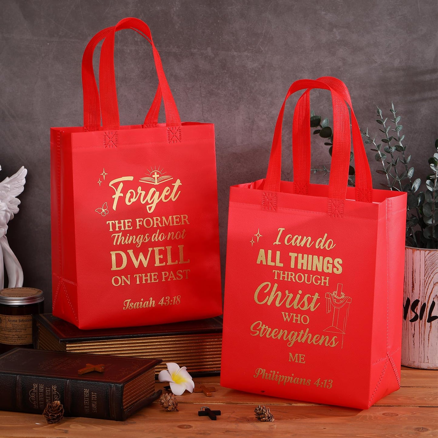 Talltalk 50 Pcs Christian Gift Bag Bulk Reusable Bible Verse Tote Religious Welcome Visitors Church Bags with Scriptures Clergy Pastor Gift for Sunday School Party Favors Christmas(Red,Medium)