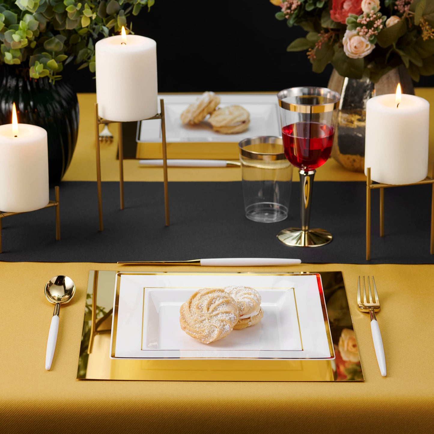 BloominGoods Plastic Disposable Square Dinner Plates | 50-Pack 9.5 inches White with Gold Rim Square Plates | Ideal for Weddings, Parties, & Catering | Heavy Duty & Non Toxic