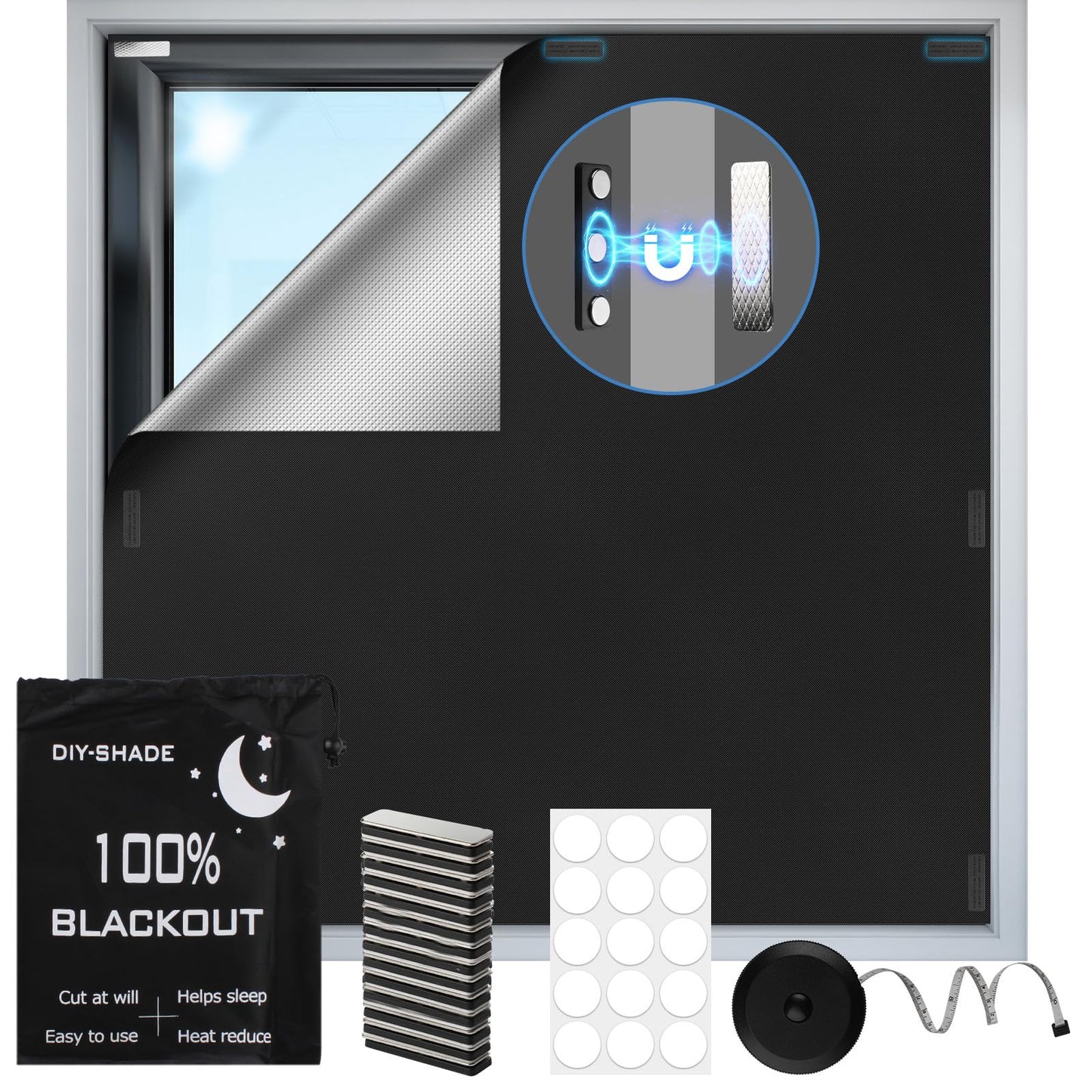 100% Magnetic Blackout Blinds 400 x 148 cm, Portable Black Out Shades Blackout Curtains for Bedroom, Media Room, Nursary, RV, Black Out Window Cover No Drill with Strong Magnets