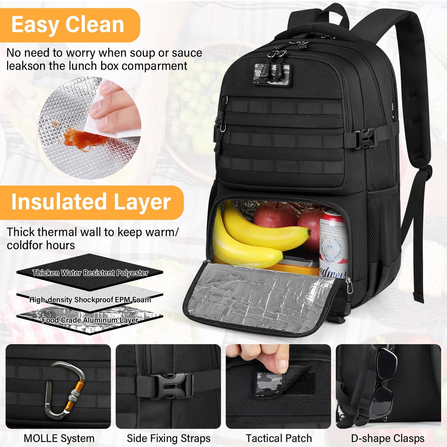 Lunch Backpack for Men & Women 17.3 Inch Laptop Backpack with USB Charging Port Waterproof Tactical Work Backpack with Insulated Lunch Bag for Travel, College, Business with MOLLE Design, Black