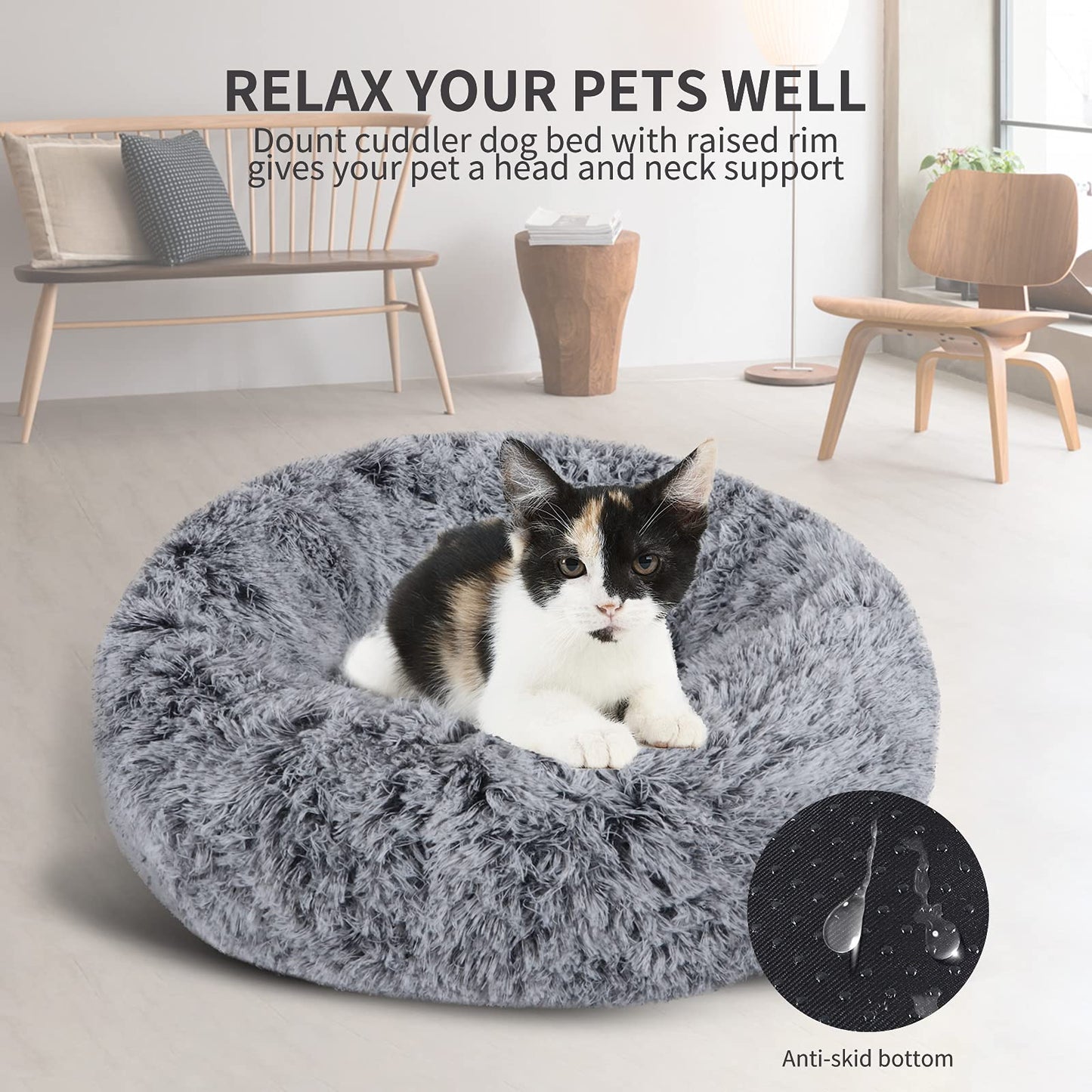 Vetasac Donut Dog Bed, Cat Calming Bed Anti-Anxiety Round Fluffy Faux Plush Soft Warming Cushion Sofa Beds for Small Medium Large Dogs Cats Washable JD003 (31 inch, Gradient Grey)