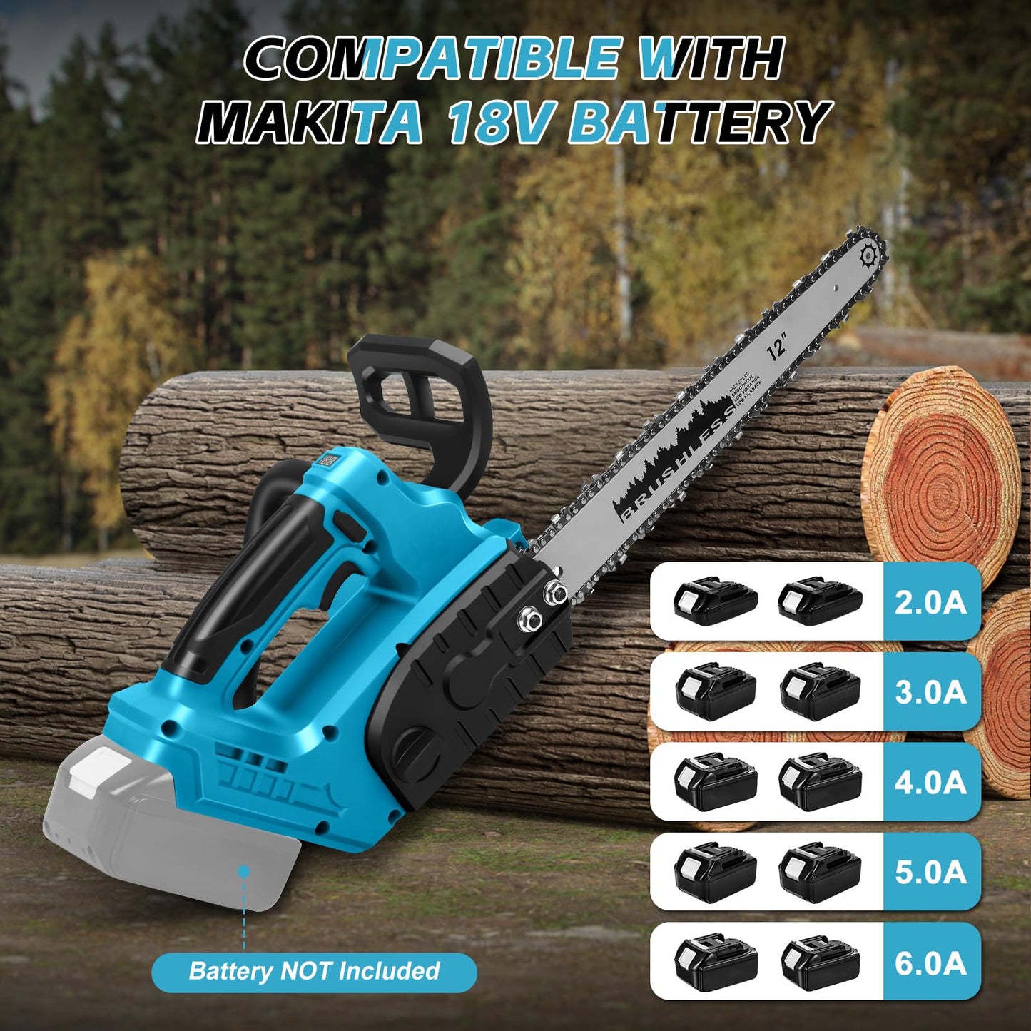 Cordless Chainsaw for Makita 18V Battery, 12 Inch / 10 Inch 2 in 1 Mini Chainsaw with Security Lock, 1100W Handheld Electric Chainsaw for Wood Cutting, Tree Trimming (No Battery)