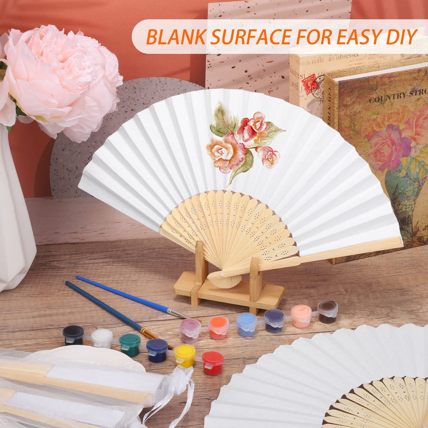 Aodaer 72 Pieces White Folding Fans with Organza Bags Paper Folding Fans Bamboo DIY Paper Hand Fan Foldable Wedding Fan for DIY Crafts, Wedding Gift, Home Decoration