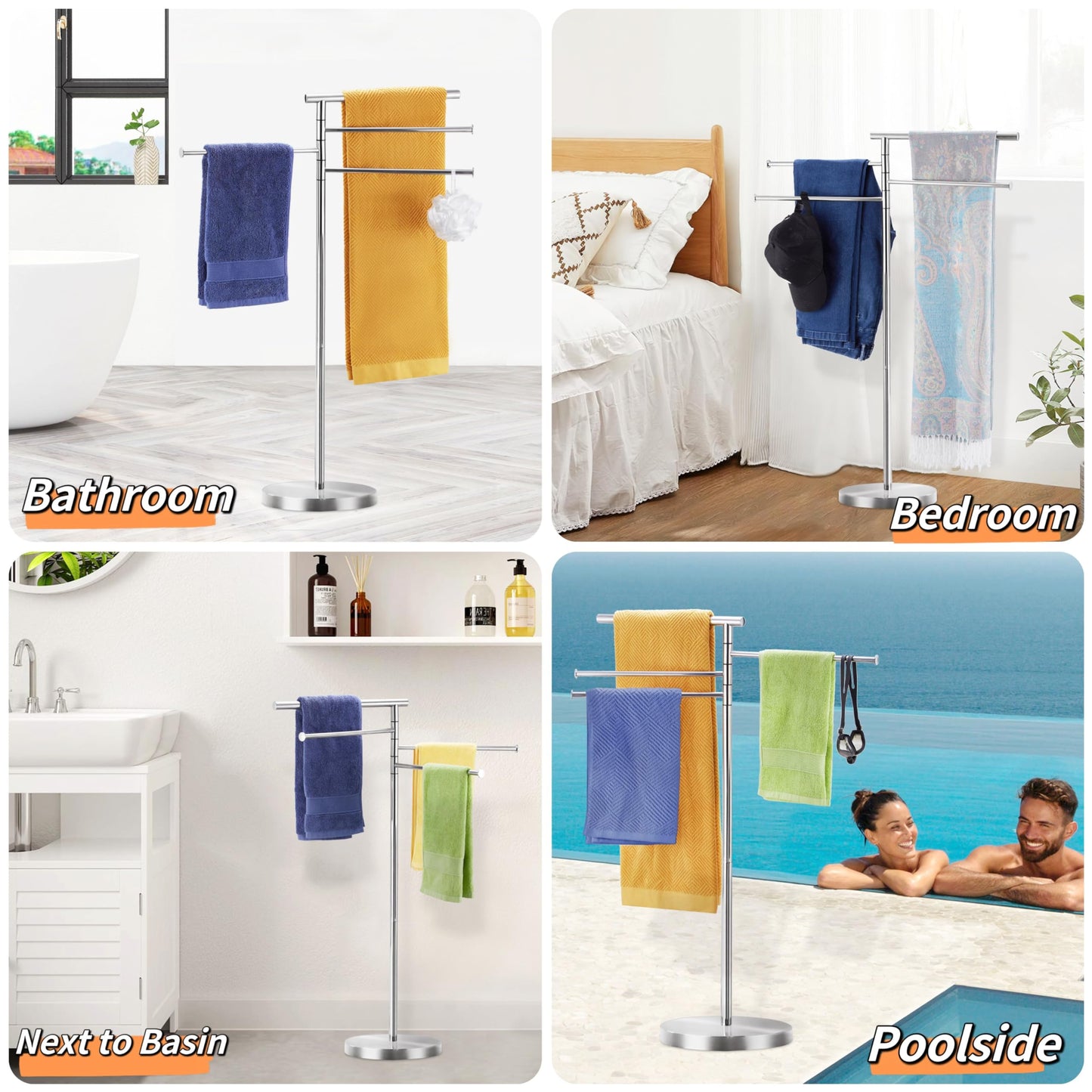 Towel Rack Bathroom, 40 Inch Tall Free Standing Towel Rack Stand with Weighted Base, Modern Floor Towel Drying Storage Holder with 4 Swivel Arms, Stainless Steel Chrome, YOFOVI