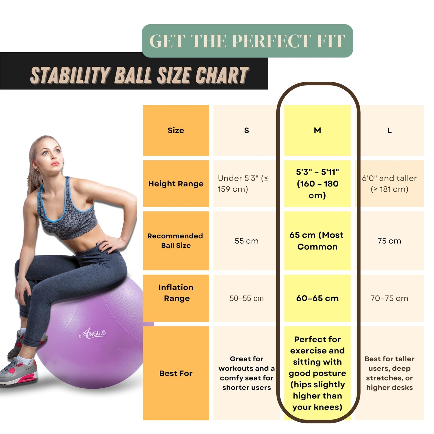 ANGL.D Yoga Ball, Stability Ball for Pilates, Core Training, Pregnancy & Physical Therapy, 65cm, 1 Count