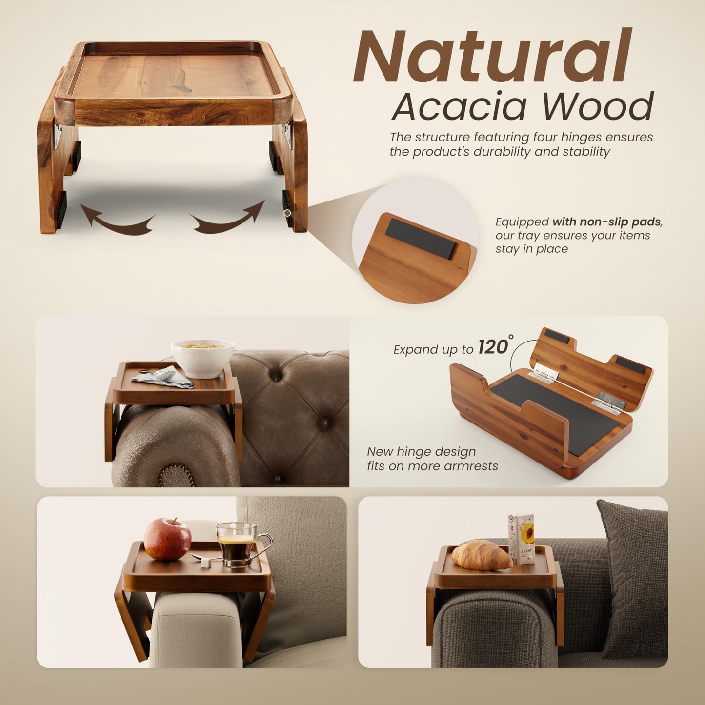 HOLANA Acacia Wood Sofa Armrest Tray - 13.75 x 9.5in Double Hinge Sofa Arm Tray Table Clip - Couch Arm Table - Wooden Side Tables for Eating and Drink (Acacia, 13.75" D x 9.5" W x 2" H)