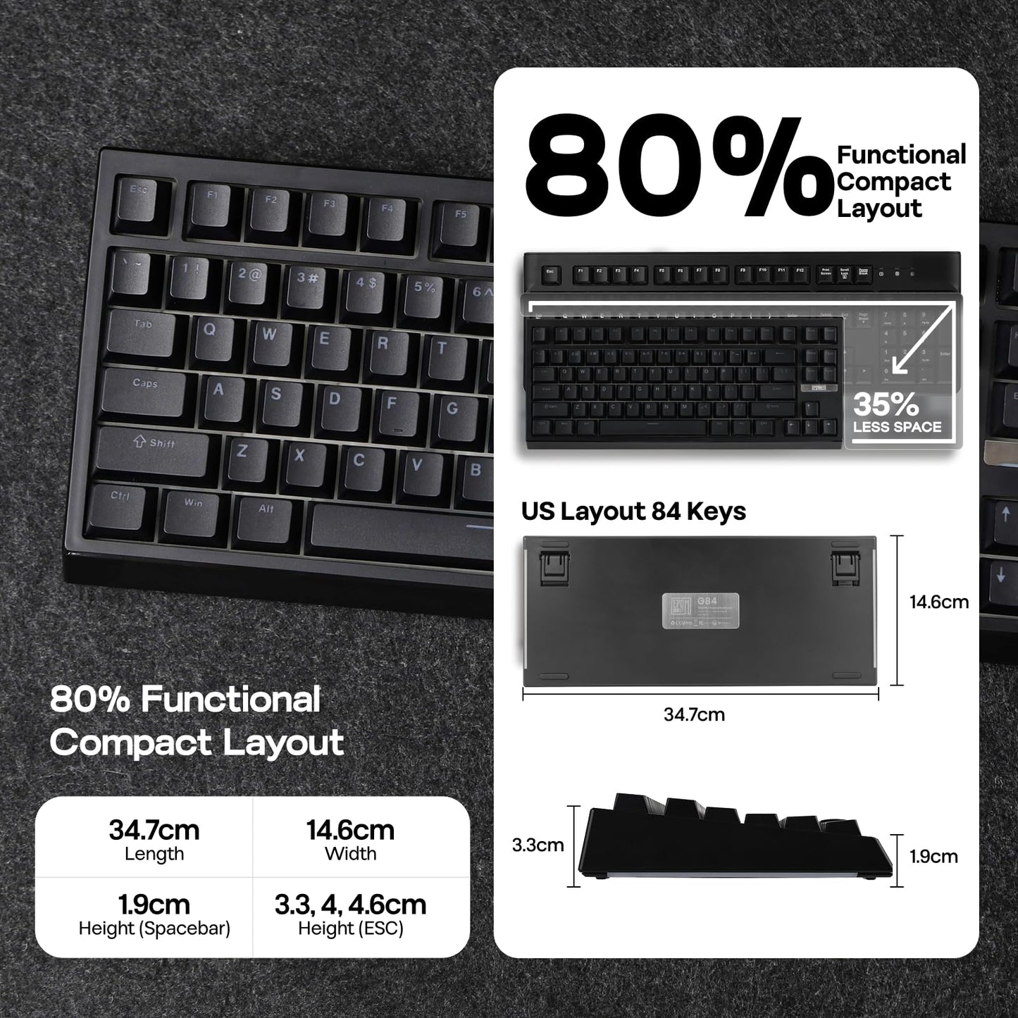 EPOMAKER G84 80% RGB Gaming Mechanical Keyboard, 2.4GHz/ Type-C/BT Wireless Keyboard, QMK/VIA Programmable, Hot-Swappable, NKRO, with Shine Through PBT Keycaps for Gamers (Black, Clear Switch)