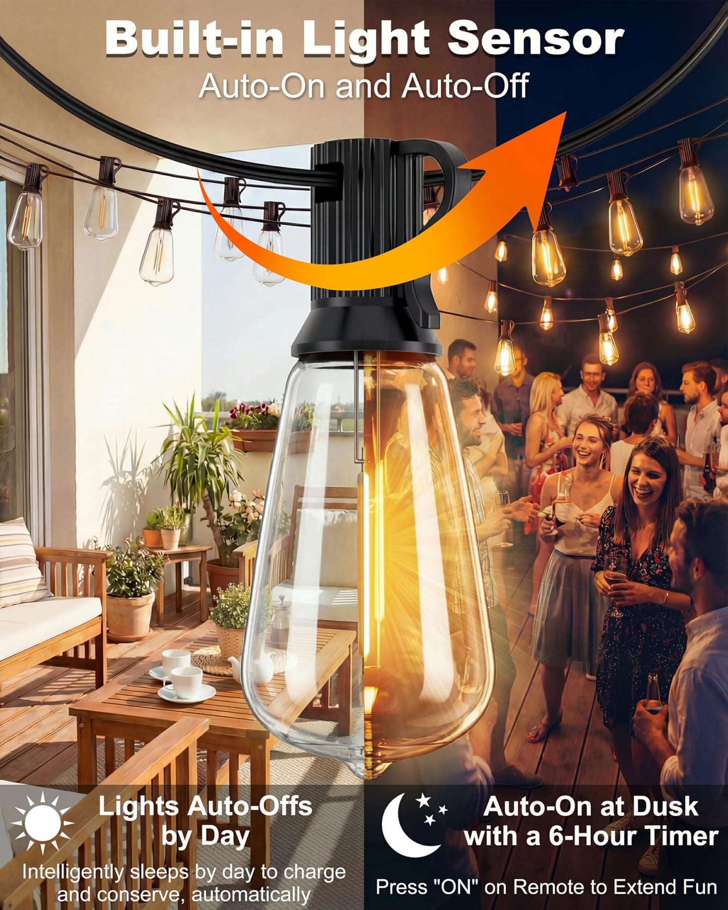 Pesken Solar String Lights Outdoor, Waterproof ST38 LED Patio Lights with Remote & USB Charge, 2700K Dusk to Dawn, Timer & 3 Modes, 54FT Dimmable Solar Powered String Lights for Backyard, Camping