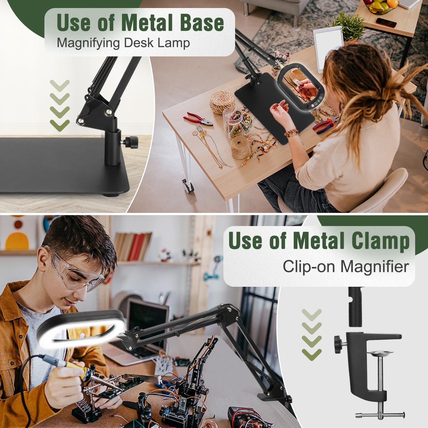 12X Rectangle Magnifying Glass with Light and Stand, 5 Color Modes Stepless Dimmable, 2-in-1 LED Desk Lamp with Clamp, Hands Free Lighted Magnifier for Reading Crafts Repair Painting Close Work