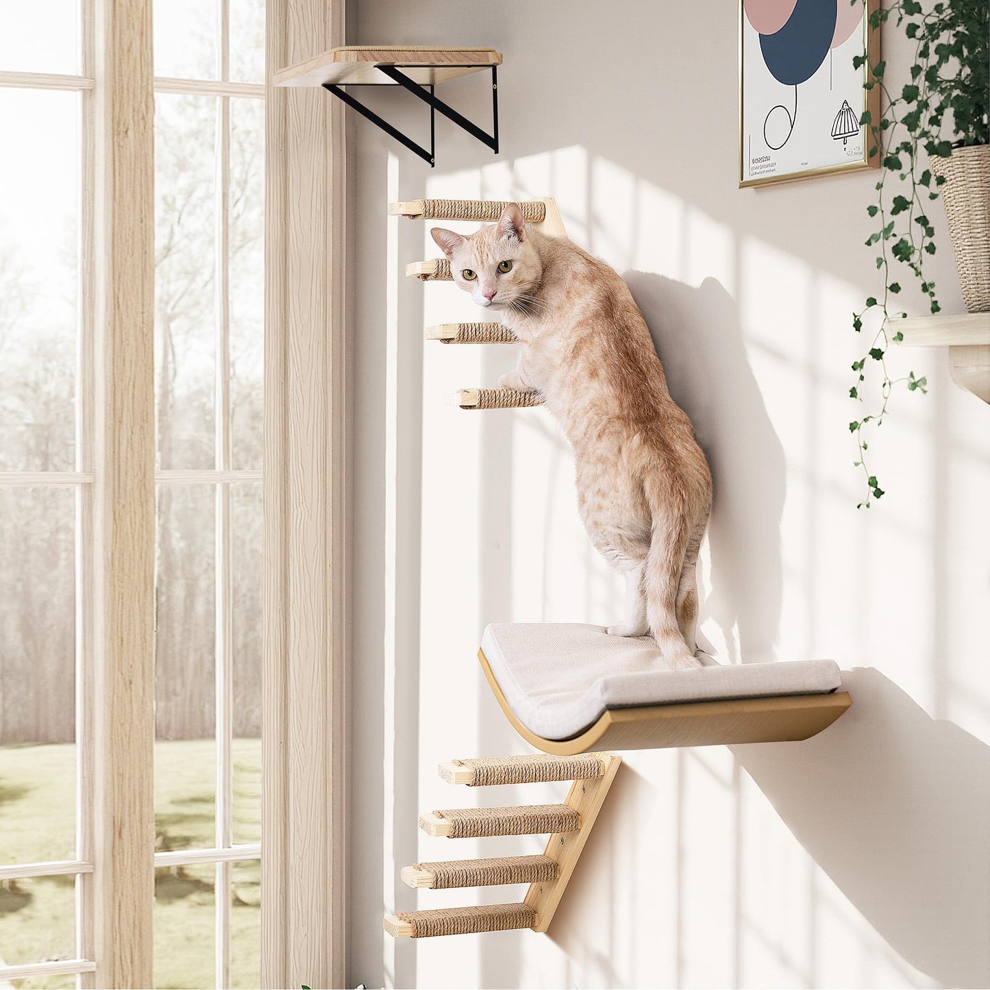 PELUOMOZ Cat Wall Shelves 2PCS Four Steps Reversible Left & Right Direction, Cat Shelf Stairway for Wall with Jute Scratching Ladder Cat Furniture for Perch Sleeping
