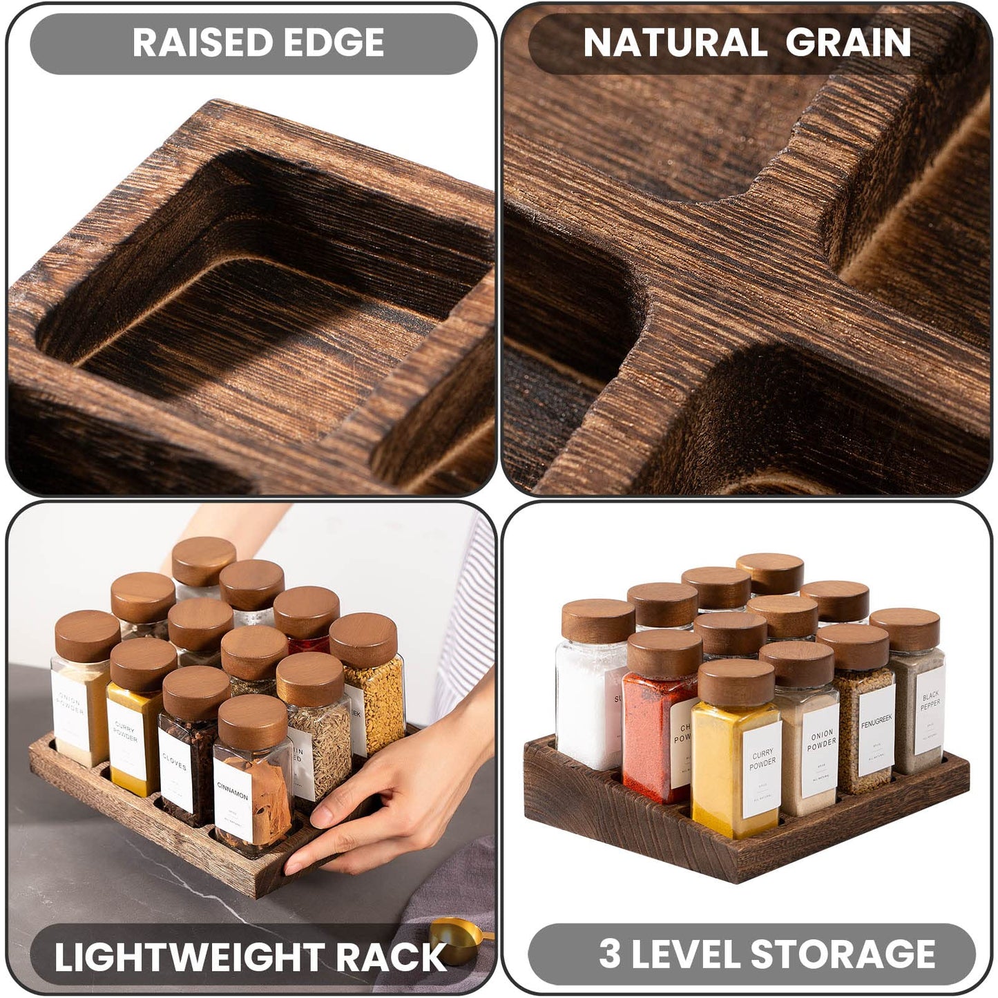 Yangbaga 2pcs Wood Spice Racks with 24pcs Spice Jars Glass Empty…