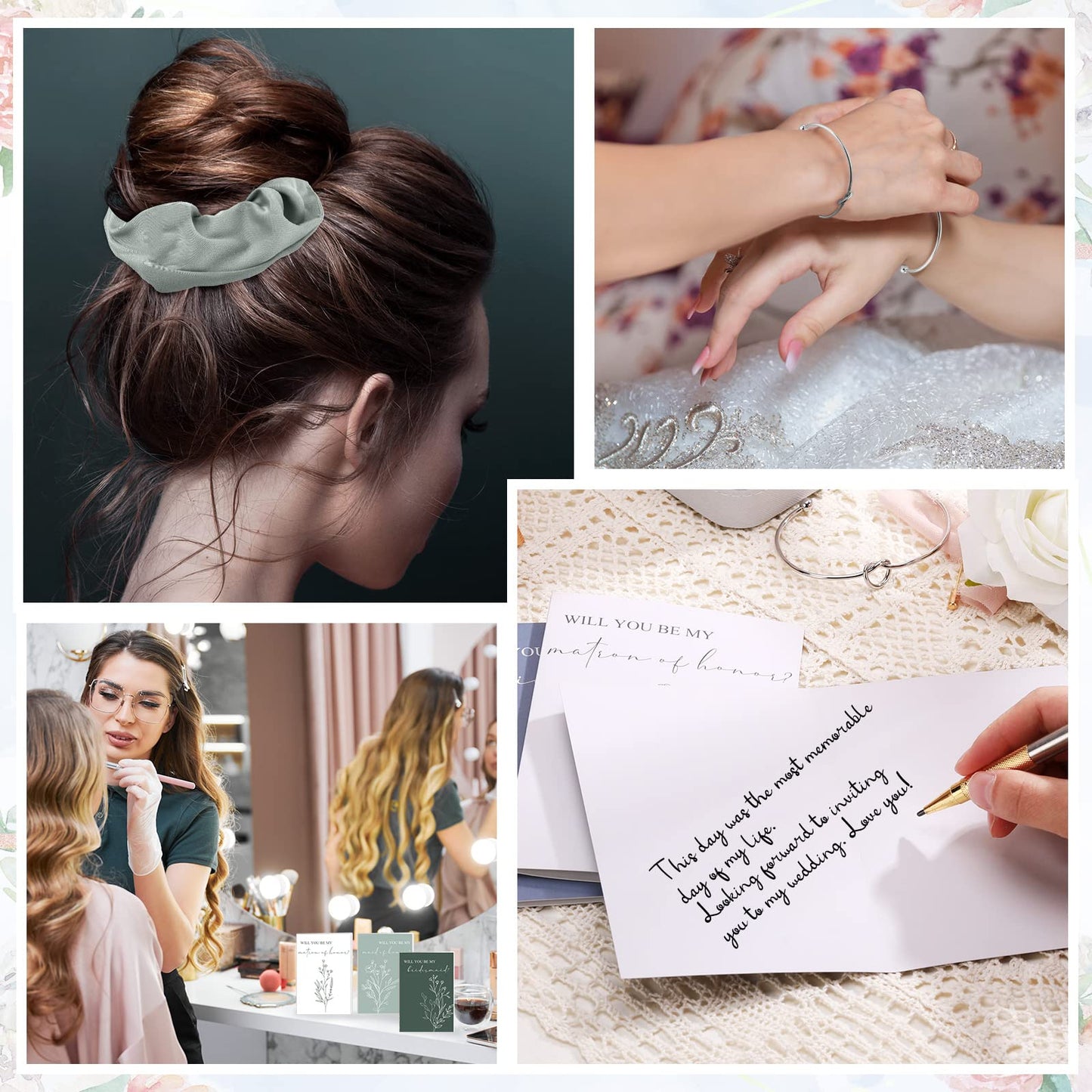 48 Pcs 8 Sets Bridesmaid Proposal Gifts Bulk Wedding Will You Be My Maid of Honor Matron of Honor Bridal Shower Makeup Bags Scrunchies Bracelets Cards for Wedding Bridesmaids(Green)