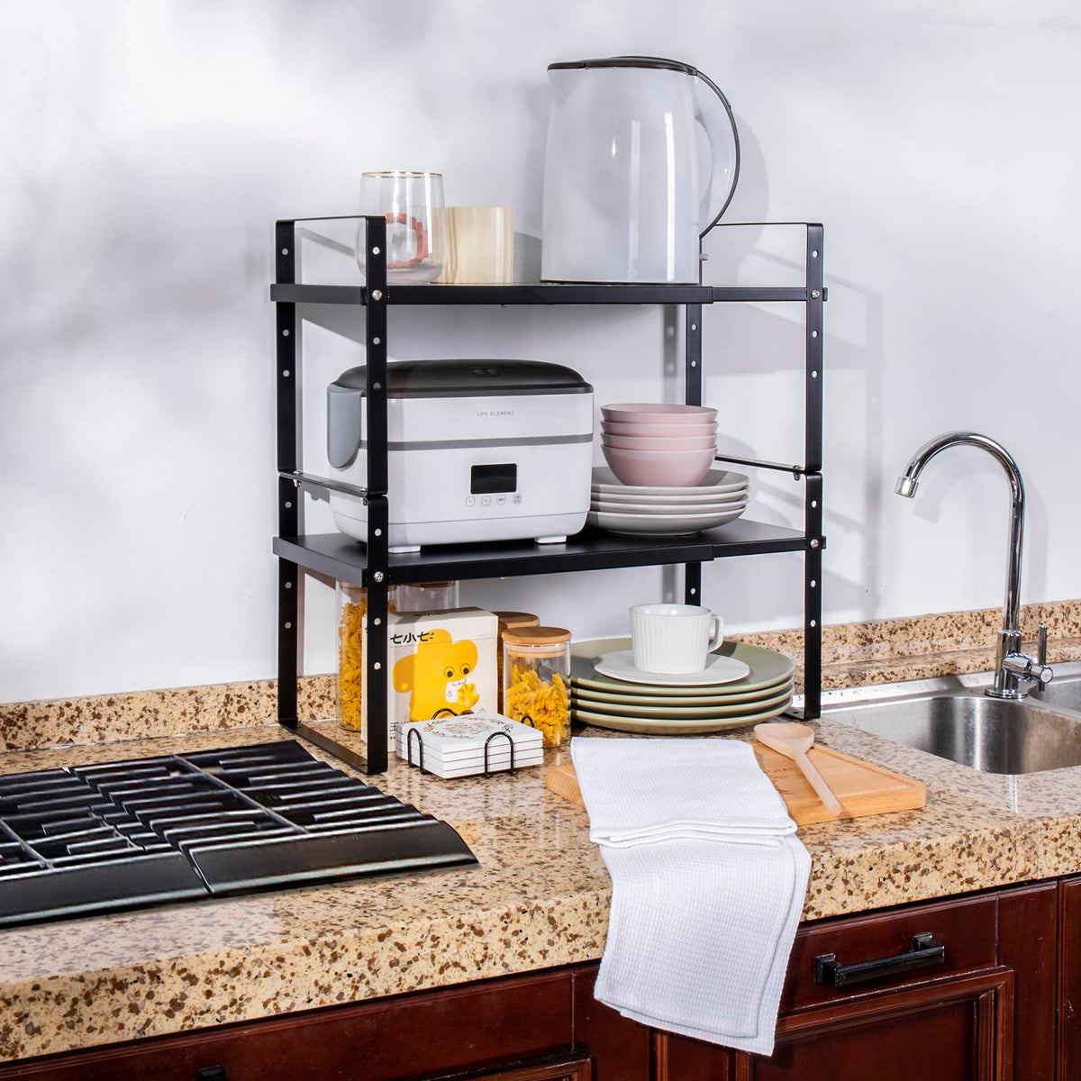Across-Star Expandable Cabinet Shelf Organizer Rack, Stackable Kitchen Counter Storage Shelves Stand, Adjustable Height Pantry Shelf Spice Rack (Black, 2 Pack)