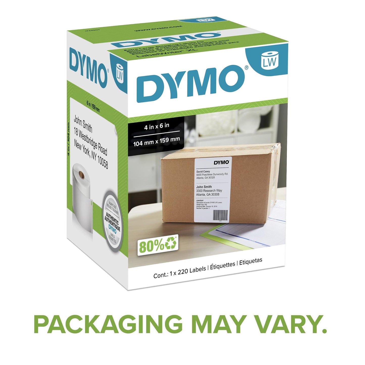 DYMO LW Extra-Large Shipping Labels for LabelWriter 5XL and 4XL Label Printers Only, 4" x 6" (104 x 159 mm) Stickers, Black Print, White Label Maker Tape, 1 Roll of 220