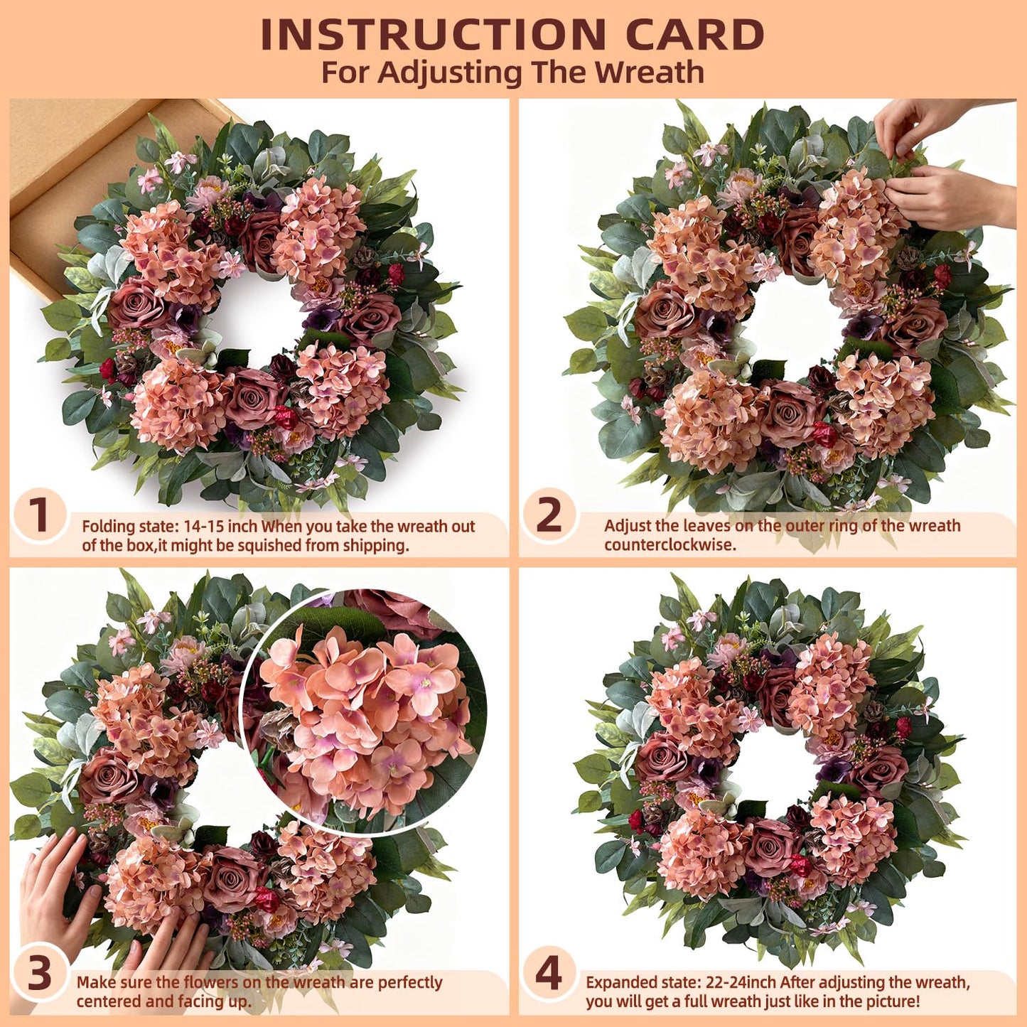 WANNA-CUL 24 Inch Spring Hydrangea Wreaths for Front Door,Spring Door Wreath with Rustic Pink Rose and Peony Flower for Wedding or Mothers Day Wreath Decor