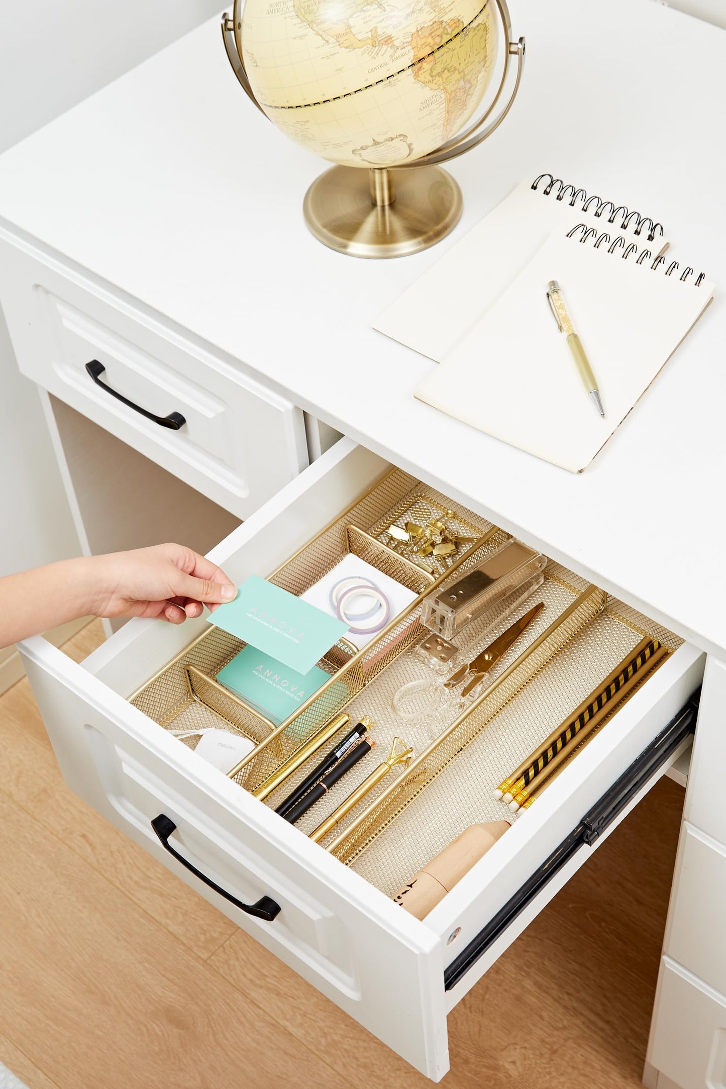 Annova Desk Drawer Organizer/Storage Tray - Metal Mesh with Dividers for Pens, Desktop Accessories, Bathroom, Kitchen, Makeup and Office Supplies (Gold)