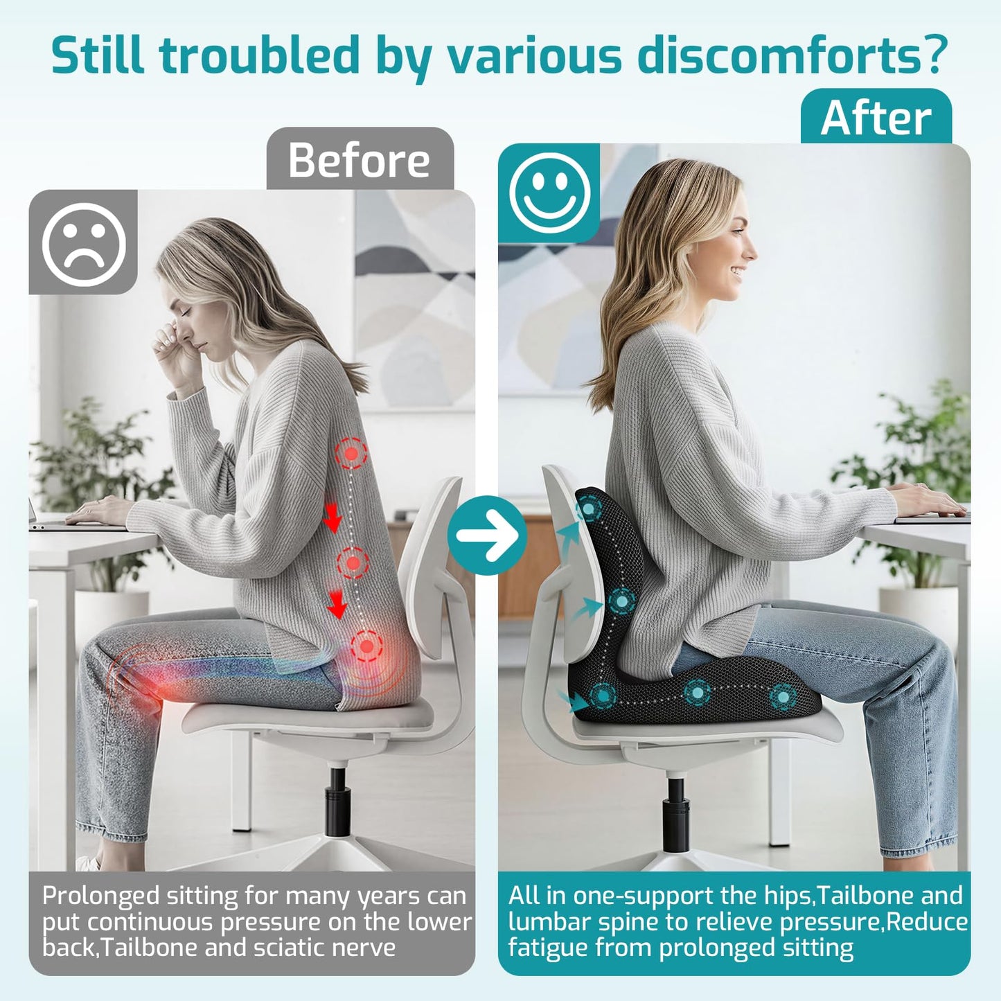 XZdream Memory Foam Seat Cushion,Office Cushion with Lumbar Support for Back Pressure Relief,Truck Seat Cushion with Adjustable Strap,for Car,Truck, Desk (Black+Mesh Cloth)