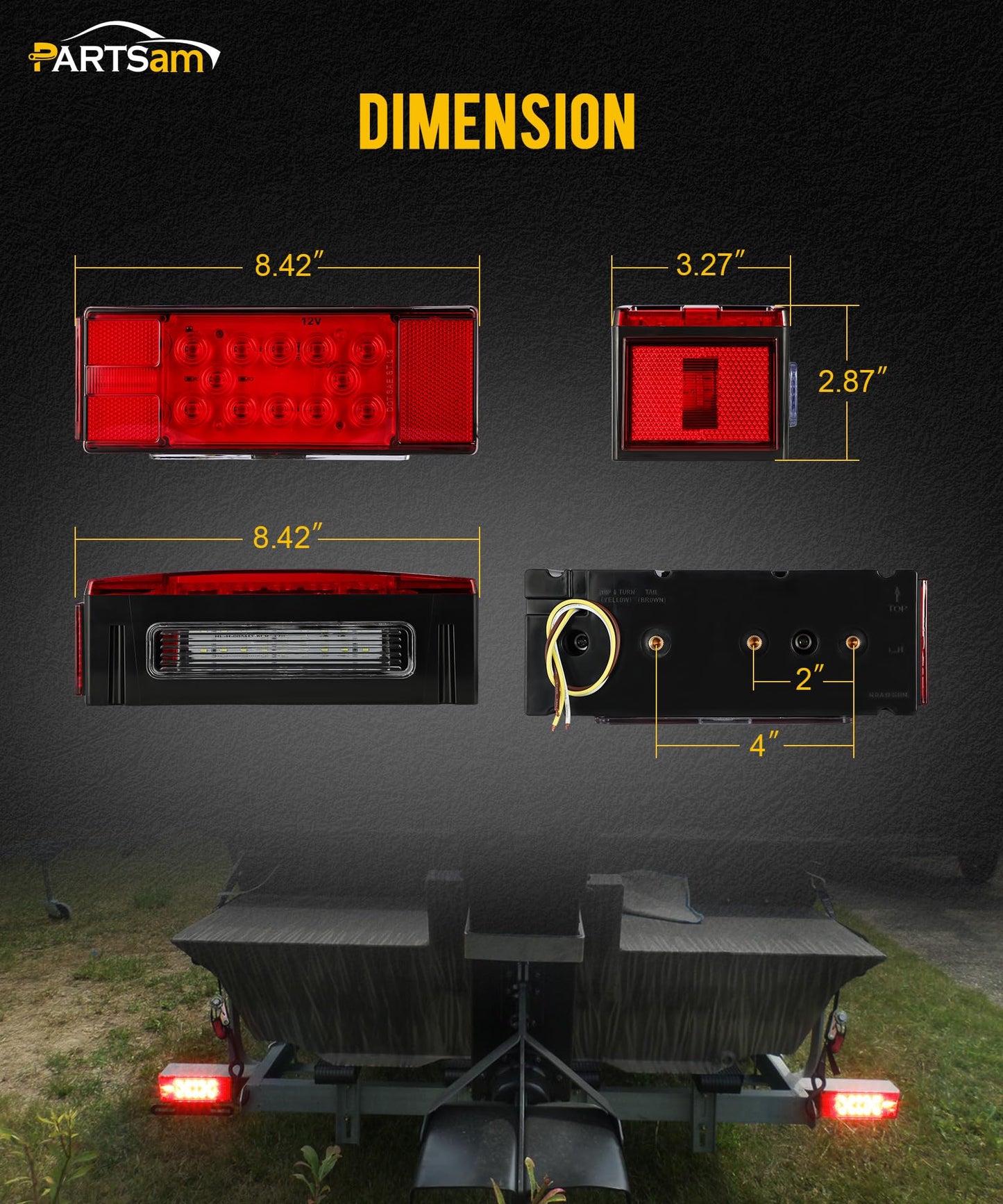 Partsam 12V LED Low Profile Waterproof Rectangular Trailer Light Kit, Waterproof LED Combination Trailer Tail Light Kit Stop Brake License Plate Turn Running Lights Boat Trailer Lights Truck Marine
