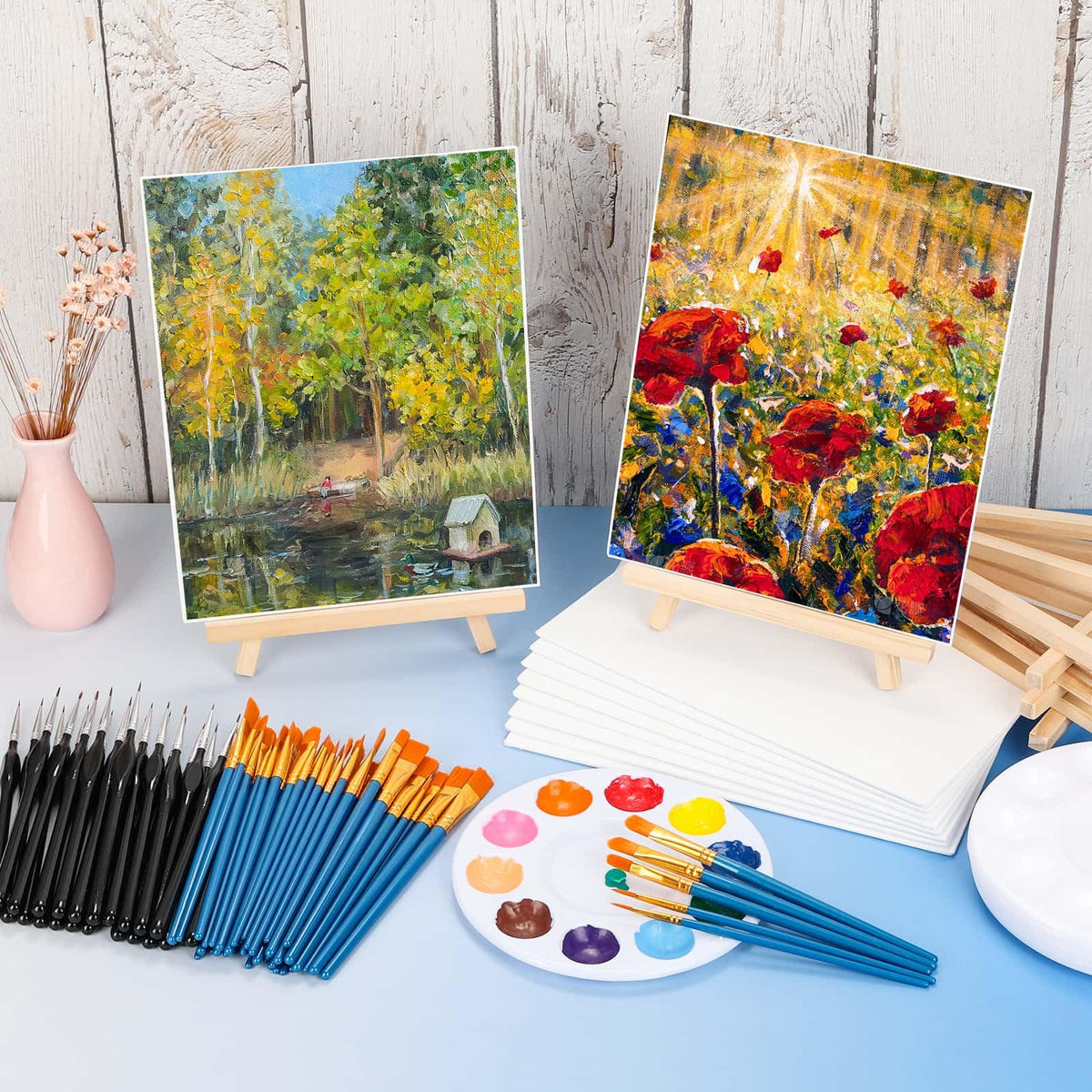 160 Pack 8x10 in Canvas Boards for Painting, Canvas for Painting with Wooden Easel, Detail Paint Brushes Art Canvas Easel Painting Kit with Brushes Set Palettes