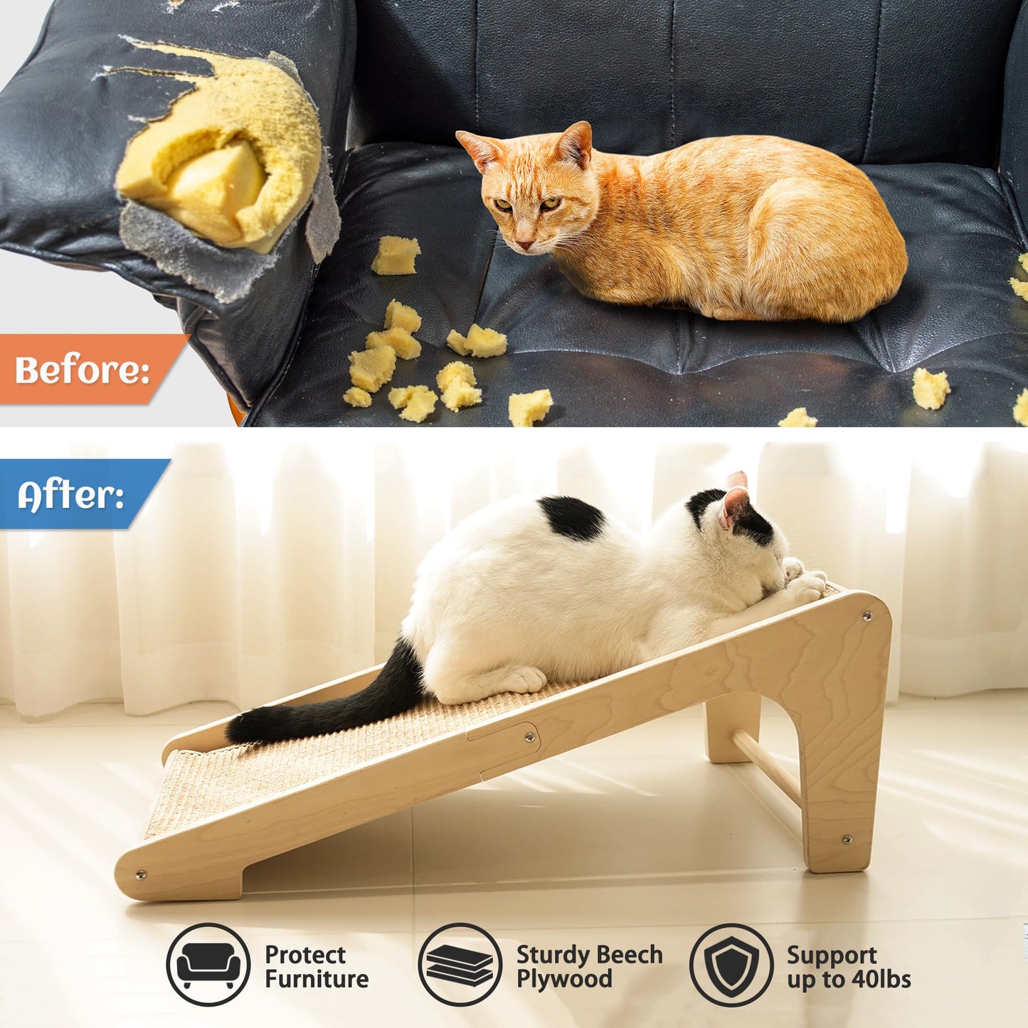 PETKARAY Cat Scratcher, Sisal Scratching Ramp, L Shape Scratch Pad for Indoor Cats, Wall Furniture Protector with Catnip (Large Size)