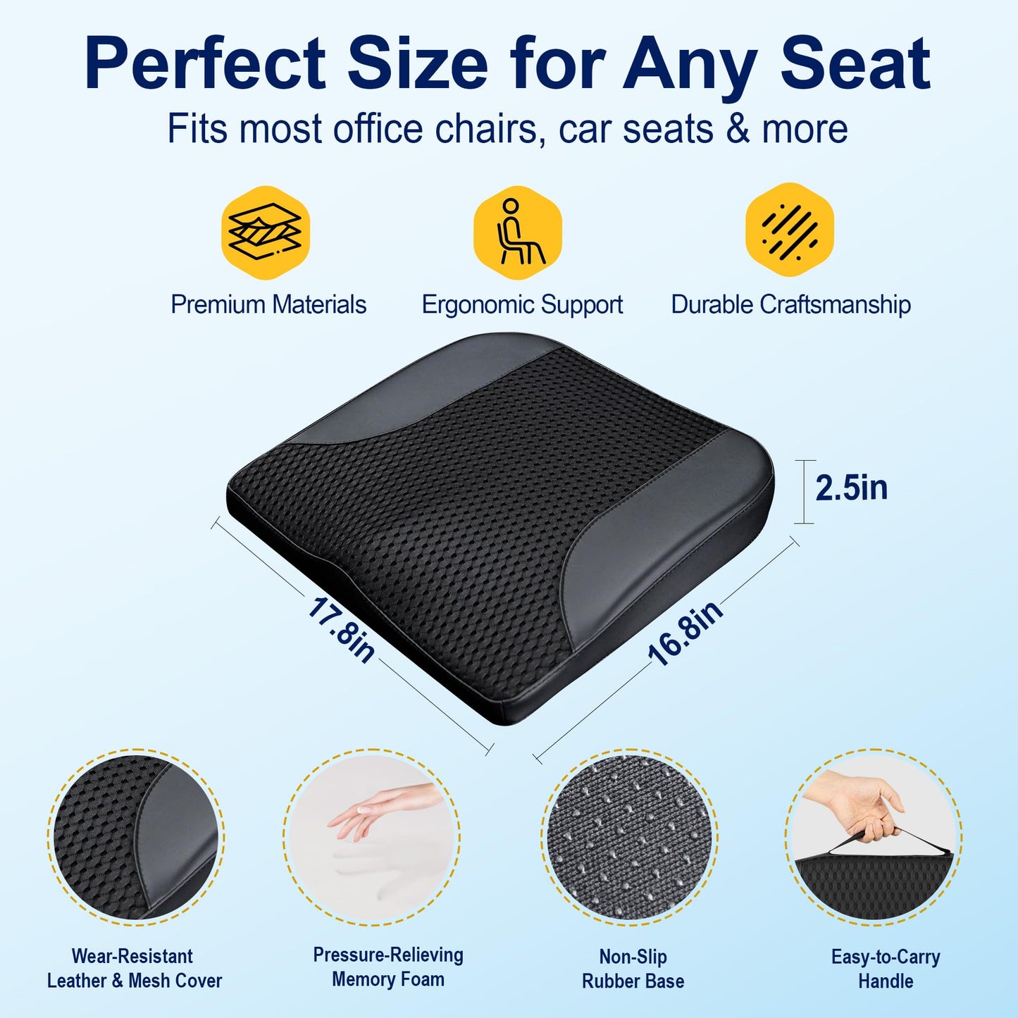 kingphenix Car Seat Cushion – Memory Foam Pad for Driving Comfort – Boosts Height and Relieves Coccyx & Lower Back Pain – Car, Truck, Office Chiar - Black