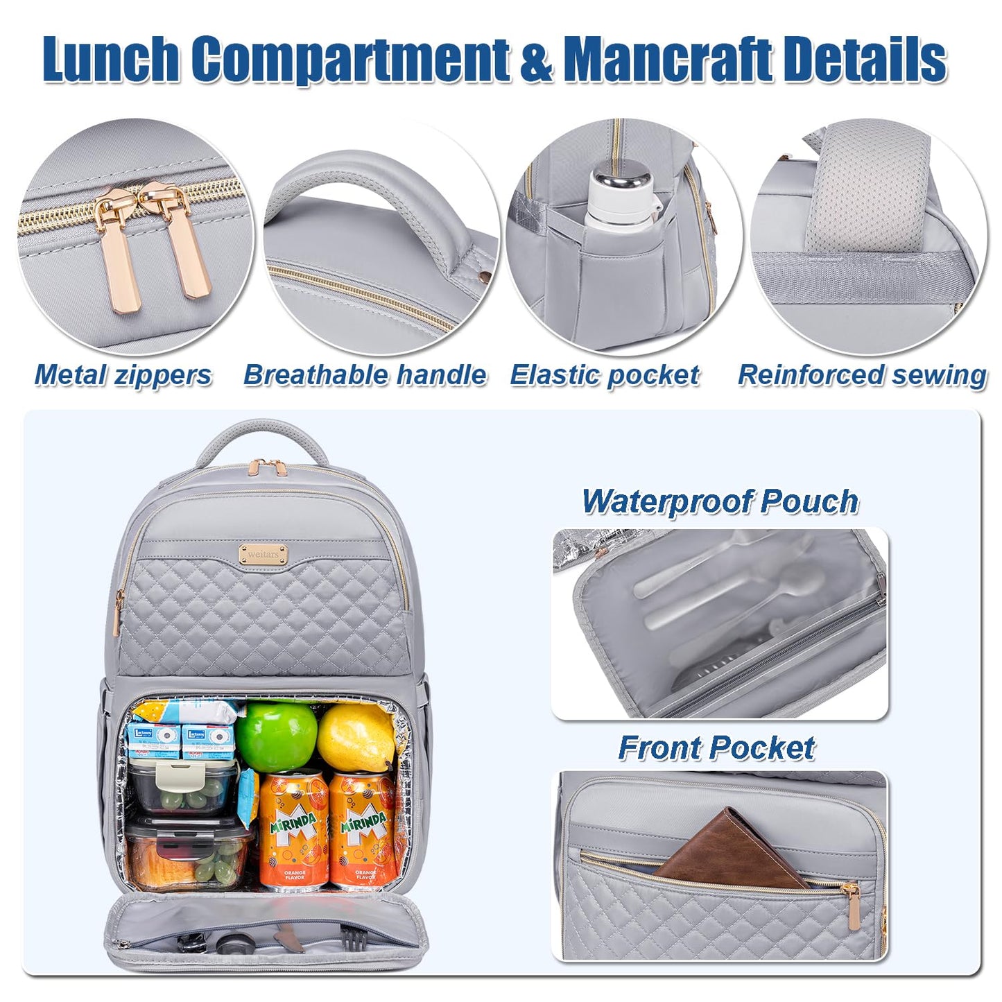 Weitars Lunch Backpack, Insulated Cooler Backpack 15.6 Inch Laptop Backpack For Women Men,Travel Backpack,Work Backpack, Gray, Large, Leisure