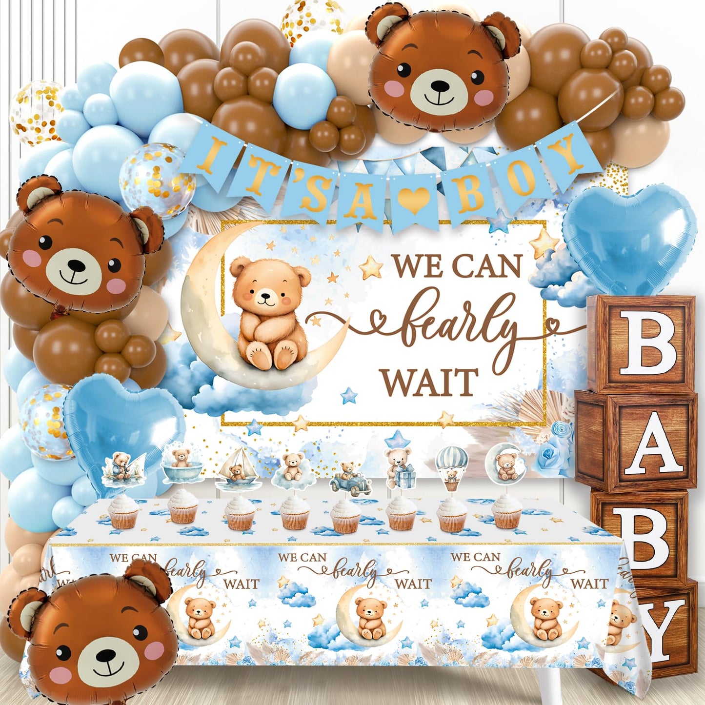 We Can Bearly Wait Baby Shower Decorations - Baby Boxes with Letters,Boho Balloons,We Can Bearly Wait Backdrop,Tablecloth for Teddy Bear Baby Shower,Birthday Supplies