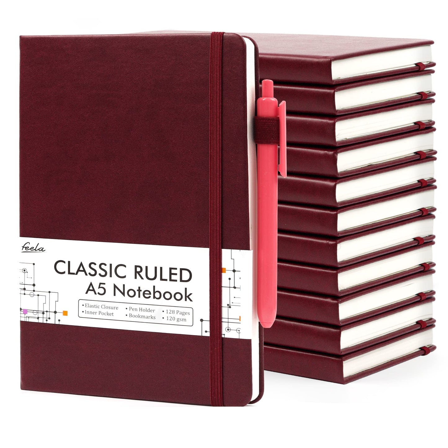 12 Pack Notebooks Journals Bulk with 12 Black Pens, Feela A5 Hardcover Notebook Classic Ruled Journal Set with Pen Holder for School Business Work Travel Writing, 120 GSM, 5.1”x8.3”, Wine