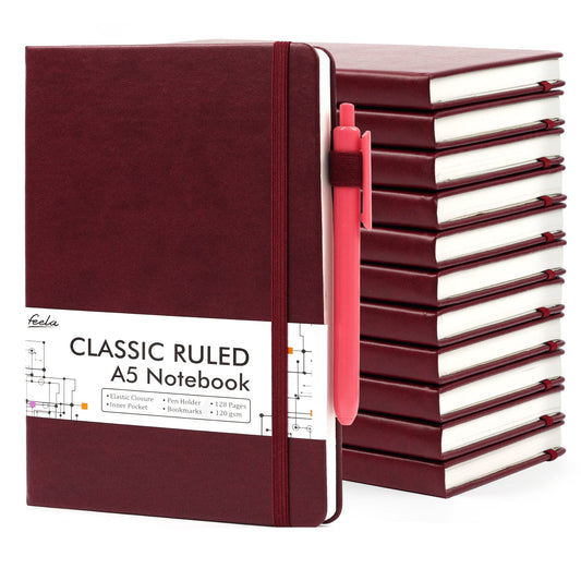 12 Pack Notebooks Journals Bulk with 12 Black Pens, Feela A5 Hardcover Notebook Classic Ruled Journal Set with Pen Holder for School Business Work Travel Writing, 120 GSM, 5.1”x8.3”, Wine
