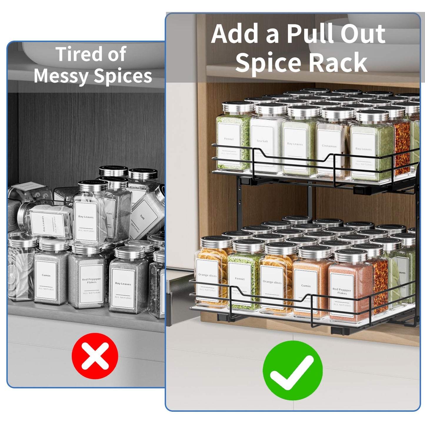 BOIVSHI 2-Tier Spice Rack Organizer, Pull Out Spice Rack for Cabinet, Height Adjustable Heavy Duty Metal Basket for Inside Cabinet & Pantry (11.5''Wx10.5''Dx9.5''H)