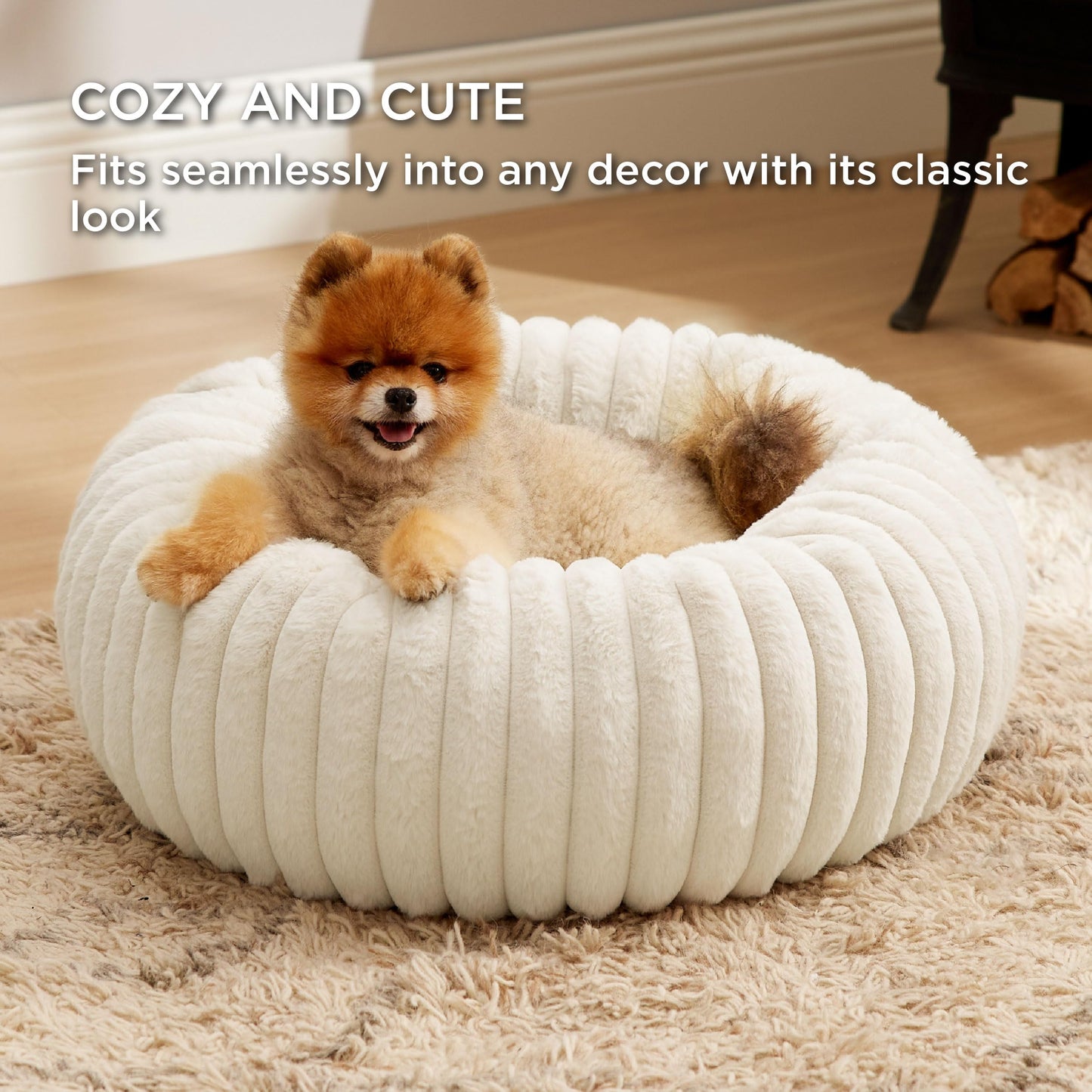 Bedsure Donut Small Dog Bed - Dog Beds for Small Dogs with Corduroy Fleece & Anti Slip Bottom, Round Faux Fur Pet Beds with Washable Removable Cover, Cream, 23Inches