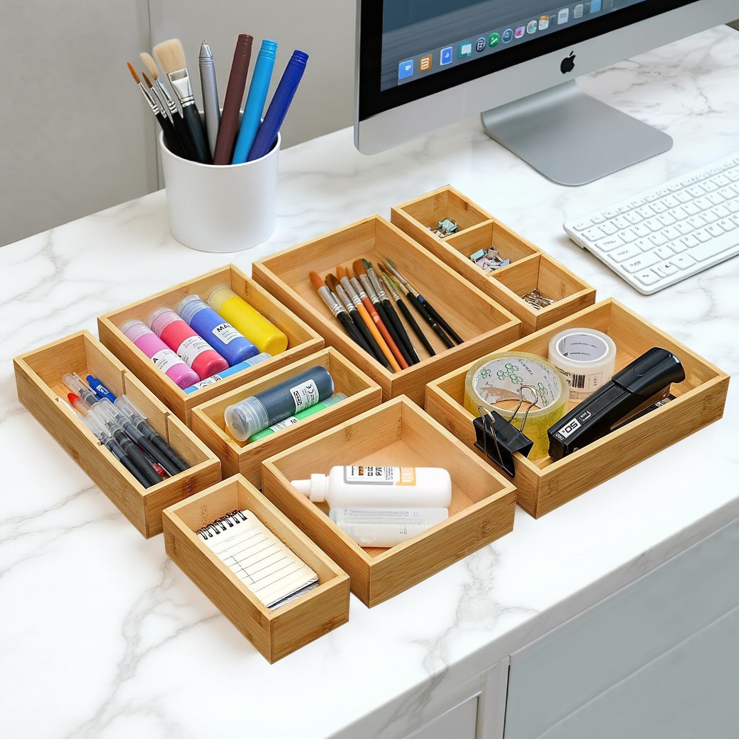 Drawer Organizer, Set of 9 Bamboo Wood Kitchen Makeup Desk Junk Tea Drawer Storage Boxes Bins for Cutlery Silverware Utensils Flatware, Small Wooden Container Tray for Bathroom, Office