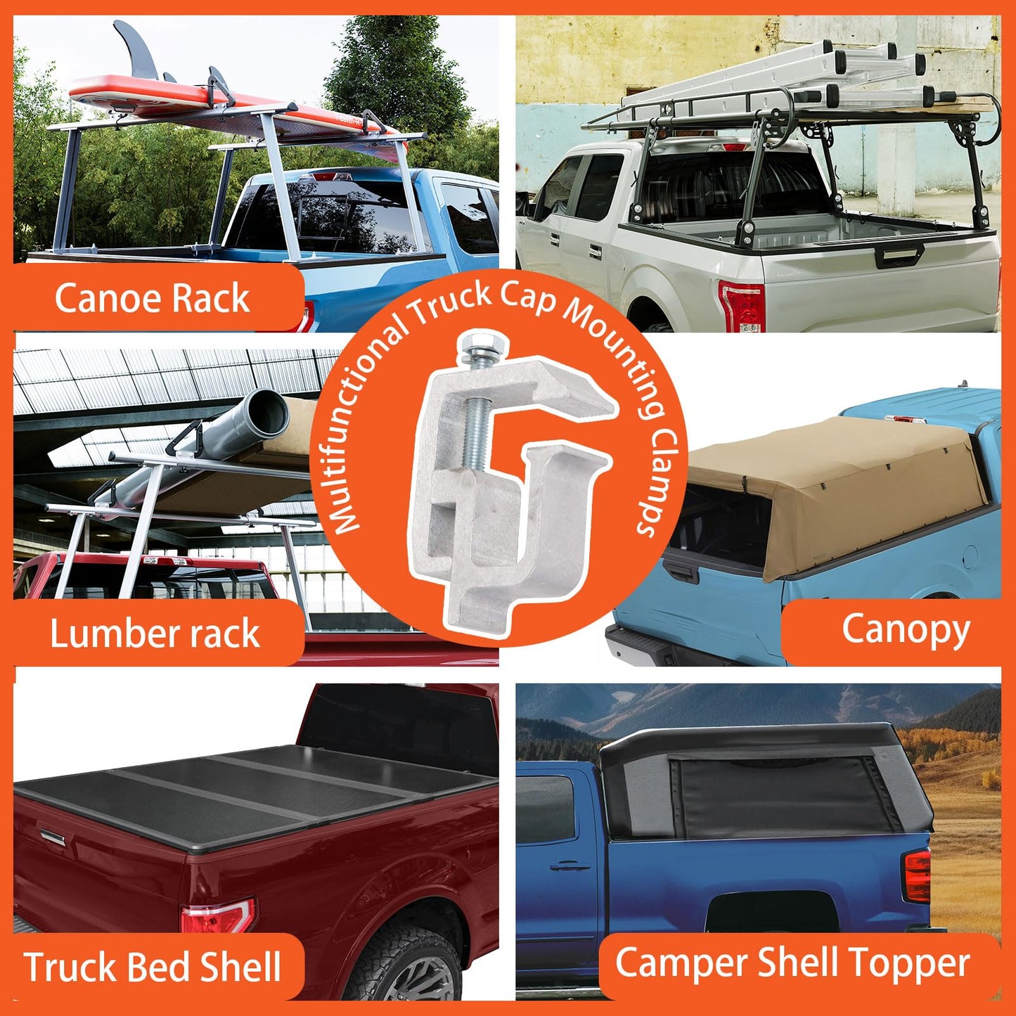 ECOTRIC Truck Clamps Mounting Caps Camper Shell Compatible with Chevrolet Chevy Ford Dodge Gmc Sierra Dakota Ram 1500 2500 3500 F150 F250 1500 2500 3500 Heavy Duty Aluminum 2 Packages