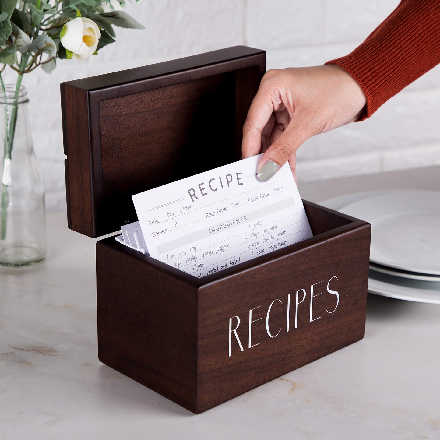 Recipe Box with Cards and Dividers by Apace - Vintage Style Wood 4x6 Recipe Holder Card Box - Exclusively from the Apace Living Premier Collection - Fits 240 Cards (Walnut)