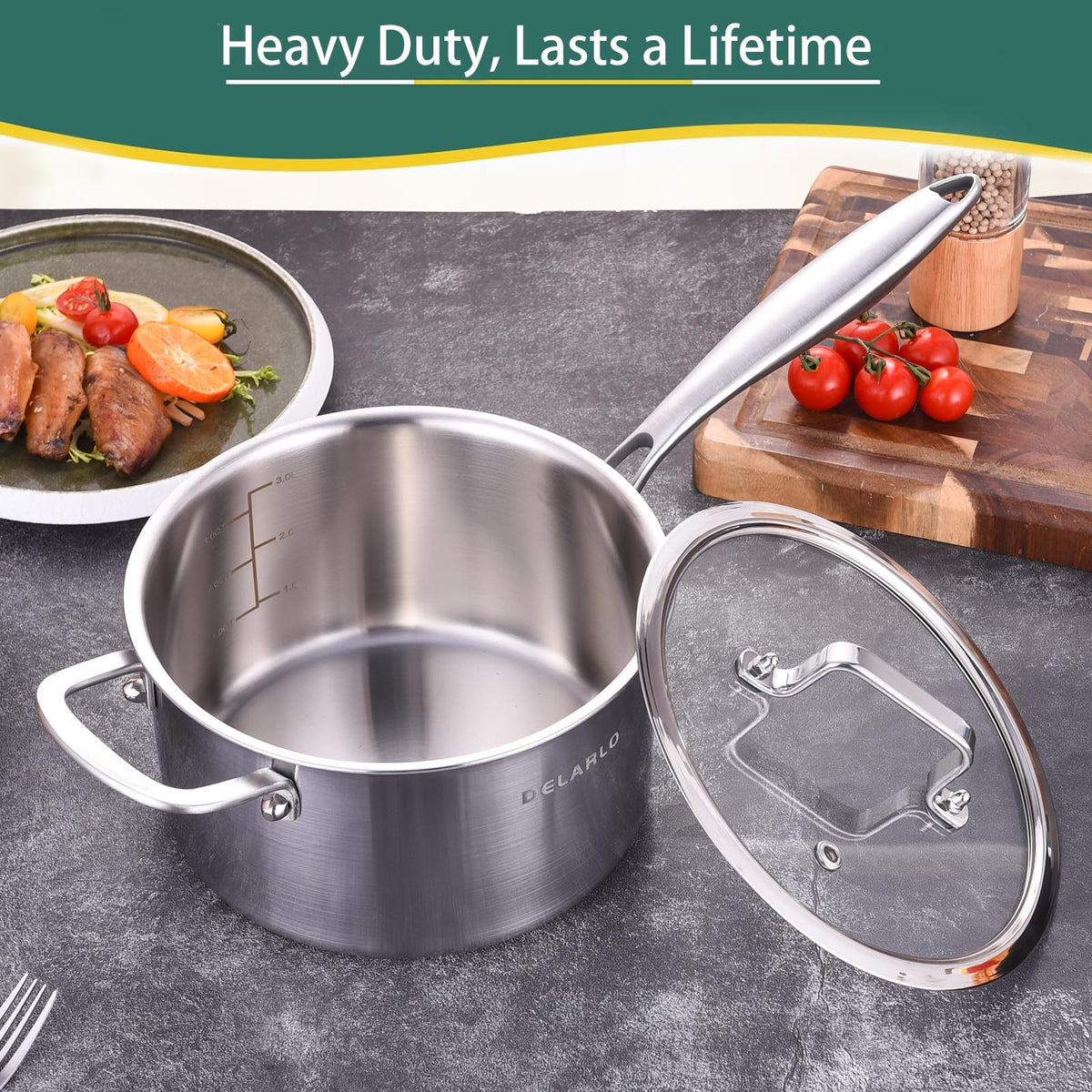 DELARLO Tri-Ply Stainless Steel Saucepan, 3.5 QT Saucepan with Lid, All Stove Compatible 500℉, Induction Sauce Pot, Heavy Duty Saucier Pot, Dishwasher Safe Saucepan, Induction Pot 3.5 Quart, Even Heat