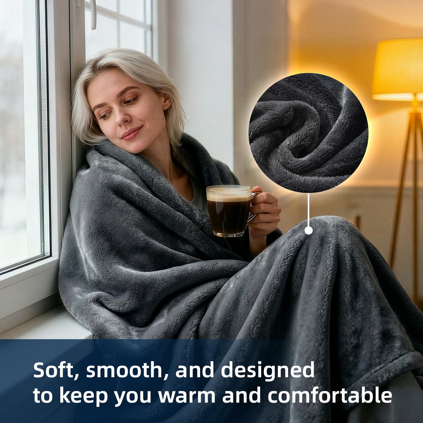 Westinghouse Electric Blanket Throw Heated Blanket with 6 Heating Levels and 2-10 Hours Time Settings, Flannel Super Cozy Heated Blanket Machine Washable (Charcoal, Throw Size 50 * 60")