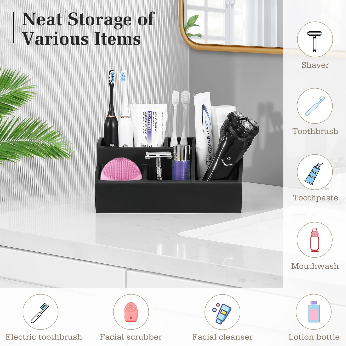 Luxspire Bathroom Counter Organizer, Toothbrush Holder for Bathroom 5 Slot, Large Bathroom Countertop Organizer Storage Marble Bathroom Accessories for Toothbrush Toothpaste, Matte Black
