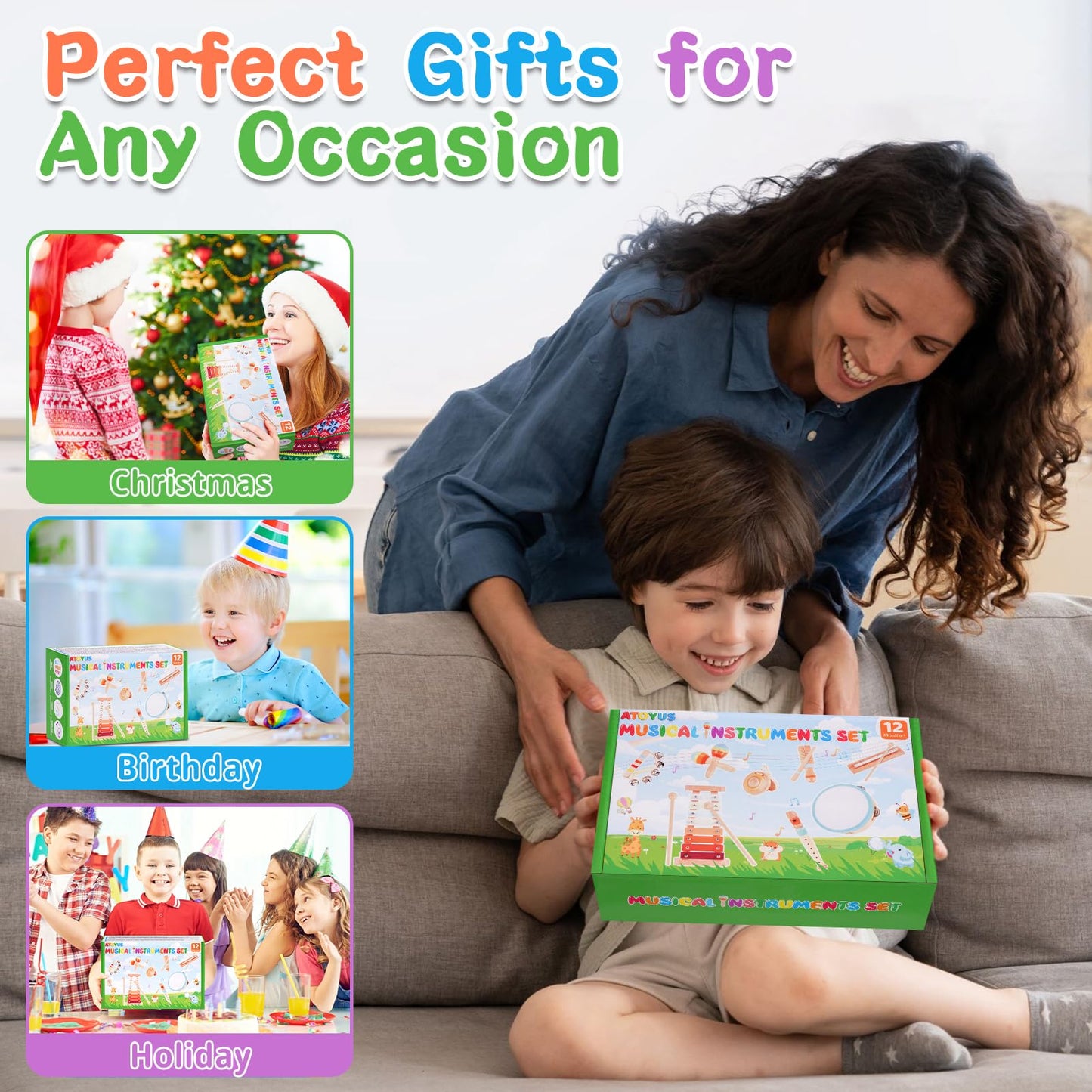 Wooden Musical Instruments for Toddlers 1-3 - Montessori Educational Toys for 1 2 3 Year Old Baby Kids, with Xylophone, One 1st 2st Christmas Birthday Gifts for Girls Boys