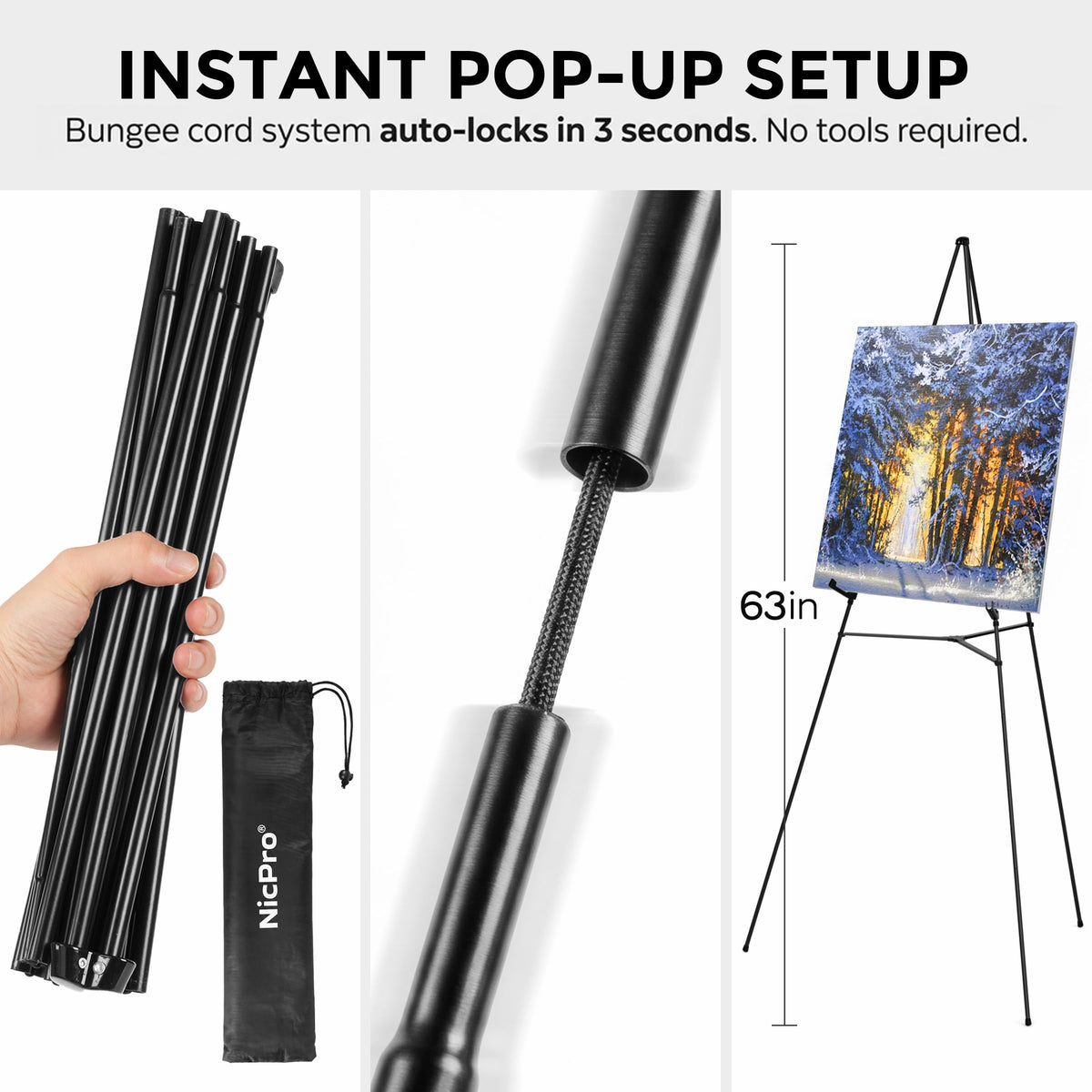 Nicpro Folding Easels for Display, 3 Pack 63 Inch Metal Floor Easel Stand Tripod Black Portable for Artist Poster Wedding with Carry Bag