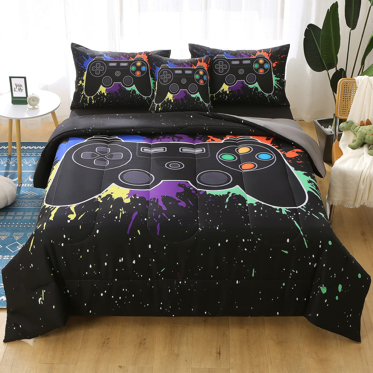 JQinHome Full Gamer Comforter Sets for Boys, 6 Piece Bed in A Bag 3D Video Game Bedding -All Season Soft Microfiber Gamer Bedding Sets, with Pillowcases, Flat Sheet, Fitted Sheet, Cushion Cover