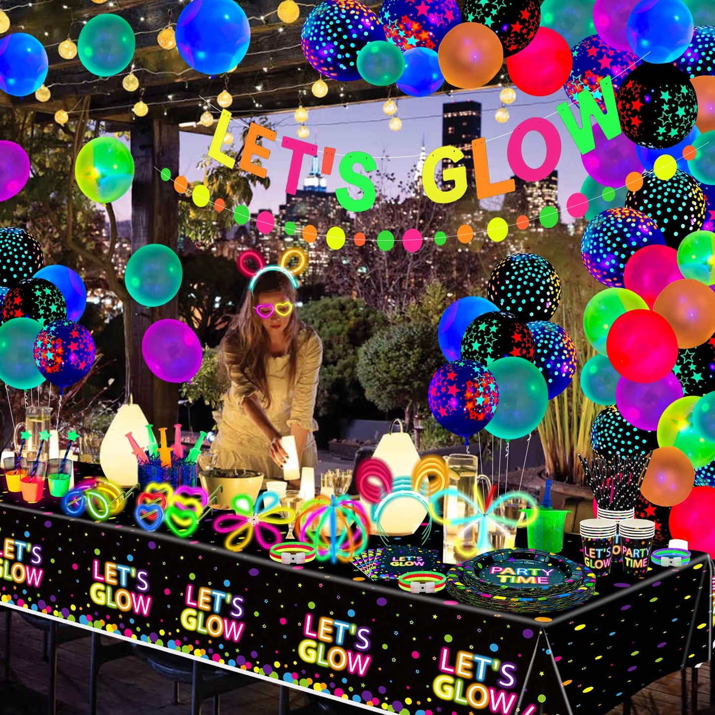 398 Pcs Glow in The Dark Party Supplies - Include Glow in The Dark Balloons, Banner, Glow Sticks, Tableware and Tablecloths for Glow Party Supplies Black Light Neon Party Decorations, Serve 20
