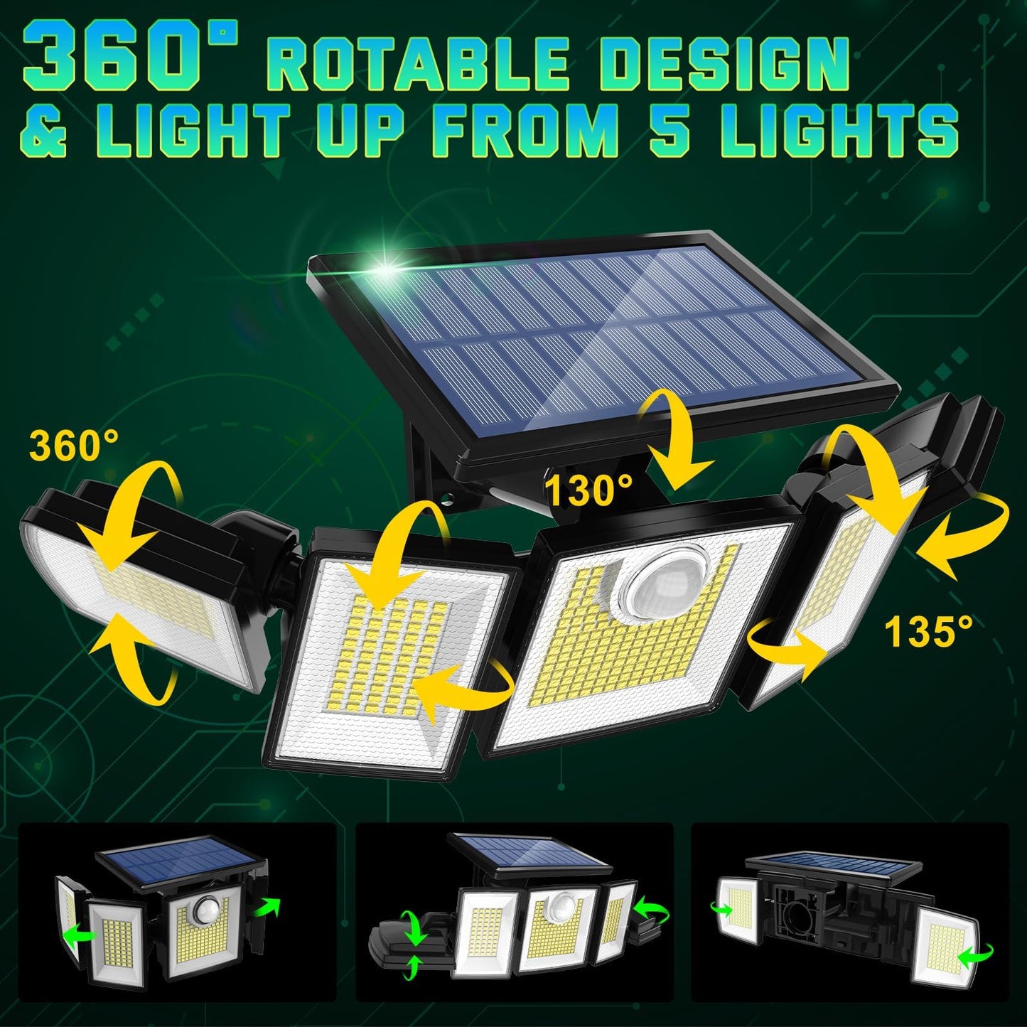 Solar Lights Outdoor Waterproof Motion Sensor - 416 LEDs 3000 Lumens Super Bright 3 Brightness 3 Modes 360° Illumination 32ft Solar Flood Security Light for Outside (with Stakes, 2)