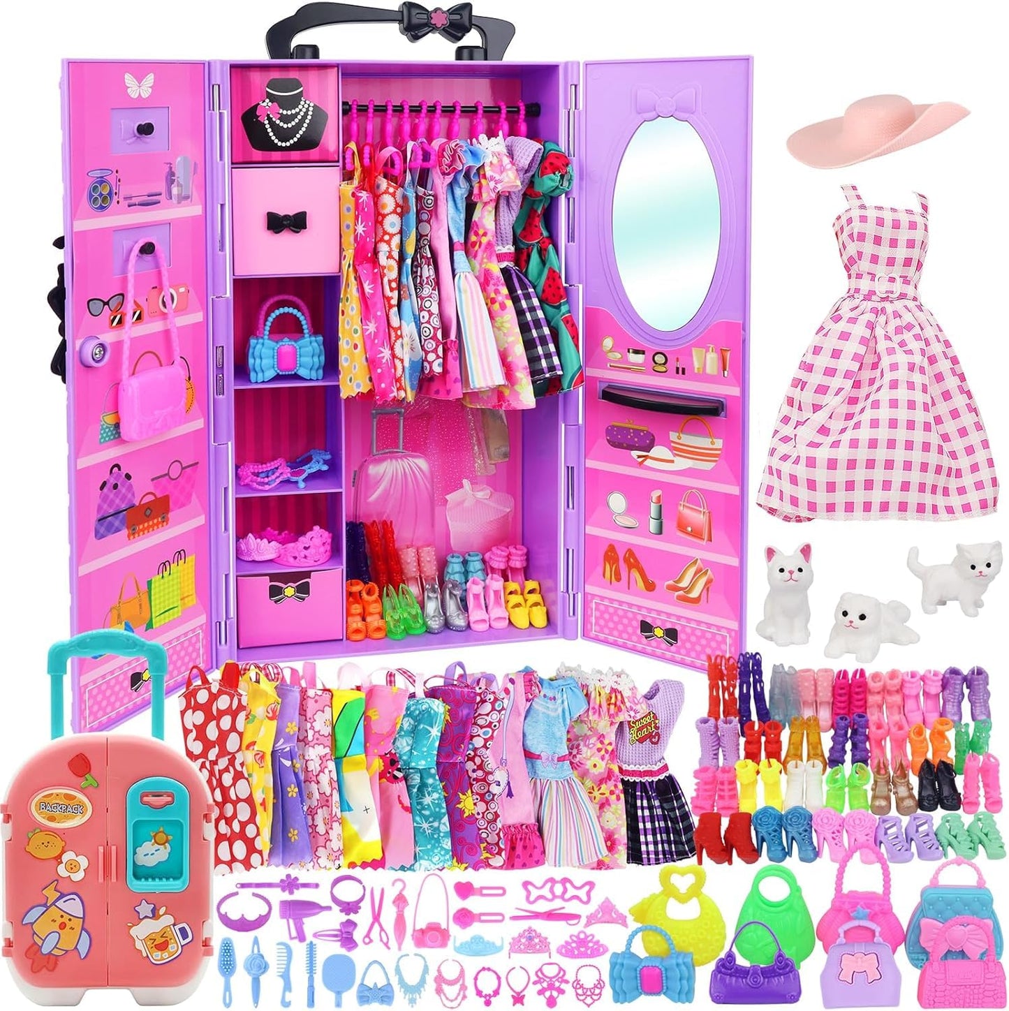 AK KYC 83 Pcs Dolls & Accessories with Doll Closet Wardrobe for 11.5 Inch Doll Dress Up Set Including Wardrobe Shoes Wallet Dress Hangers Brush Necklace Pet and Other Accessories (No Doll)