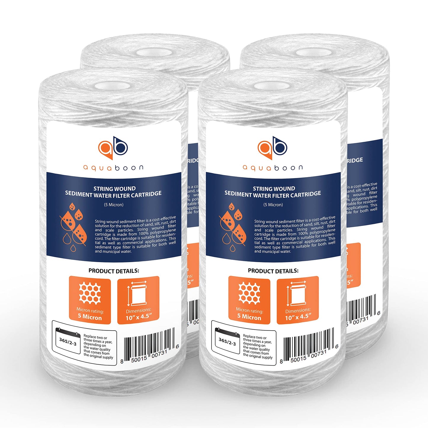 5 Micron Water Filter 10 x 4.5 inch - String Wound Water Filter for Whole House System - Compatible with 84637, WPX5BB97P, PC10, 355214-45, 355215-45, WP10BB97P, WP5BB97P 4 Pack