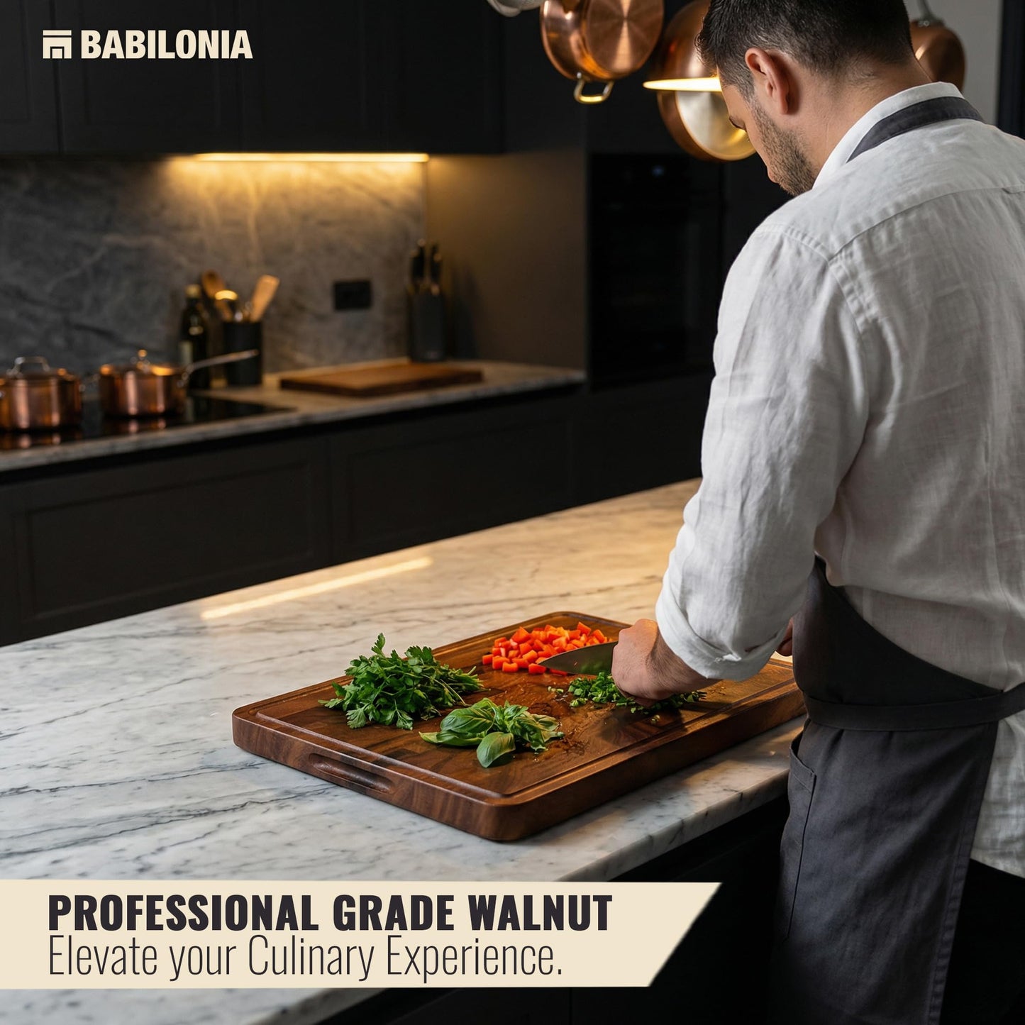 Babilonia Walnut Cutting Board, Professional and Heavy Duty Non Toxic Wood Chopping Board, Wooden Charcuterie Boards & Butcher Block with Handles (Oil Bottle Included)