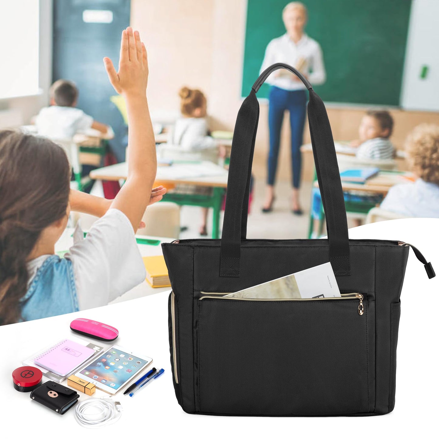 CURMIO Teacher Tote Bag for Women, Portable Teacher Work Bag with Padded Sleeve and Compartments for Laptop, School Supplies, Ideal Gifts for Teachers, Black, Bag Only