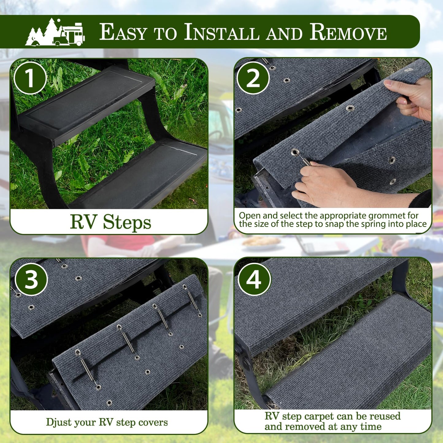 HOMEE 3 Packs RV Step Covers with Install Hook, Camper Step Covers 23 Inch Wide RV Step Rugs, Non-Slip Outdoor RV Stair Covers Fit 8" to 11" RV Stair Treads