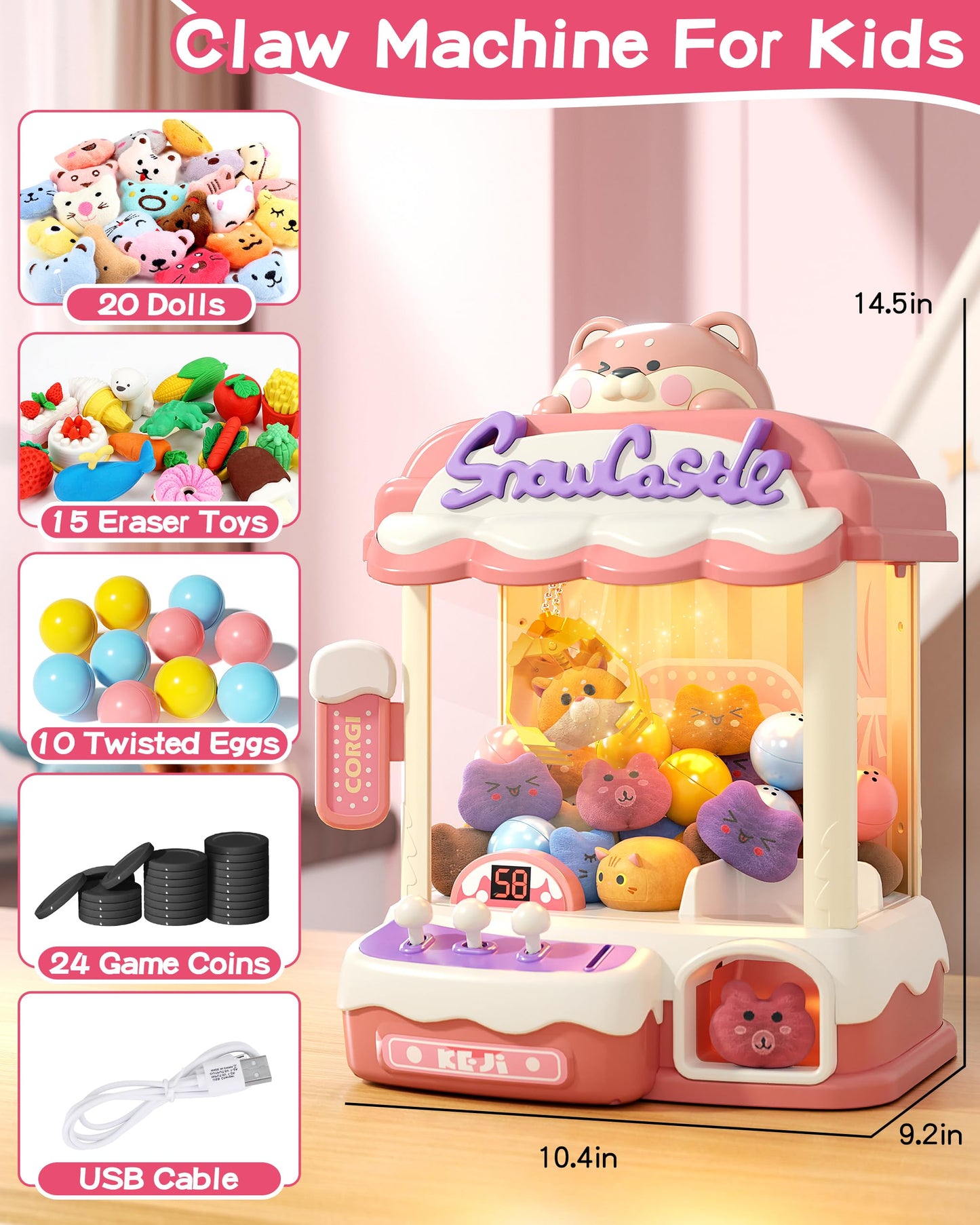 Claw Machine for Kids, Mini Vending Machine with Music, Prize Dispenser Toys for Girls and Boys, Electronic Claw Game Machine for Party Birthdays, Includes 45 Mini Toys (Medium)