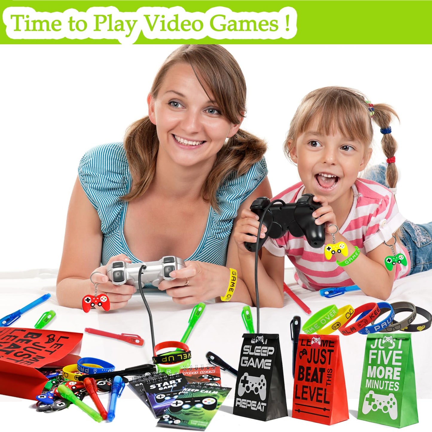 EODVICS 120 Pcs Video Game Party Favors Party Supplies Invisible Ink Pen Notebook Silicone Bracelet Gift Paper Bag Video Game Controller Keychain Birthday Supplies for Kids Gamer Party Favors